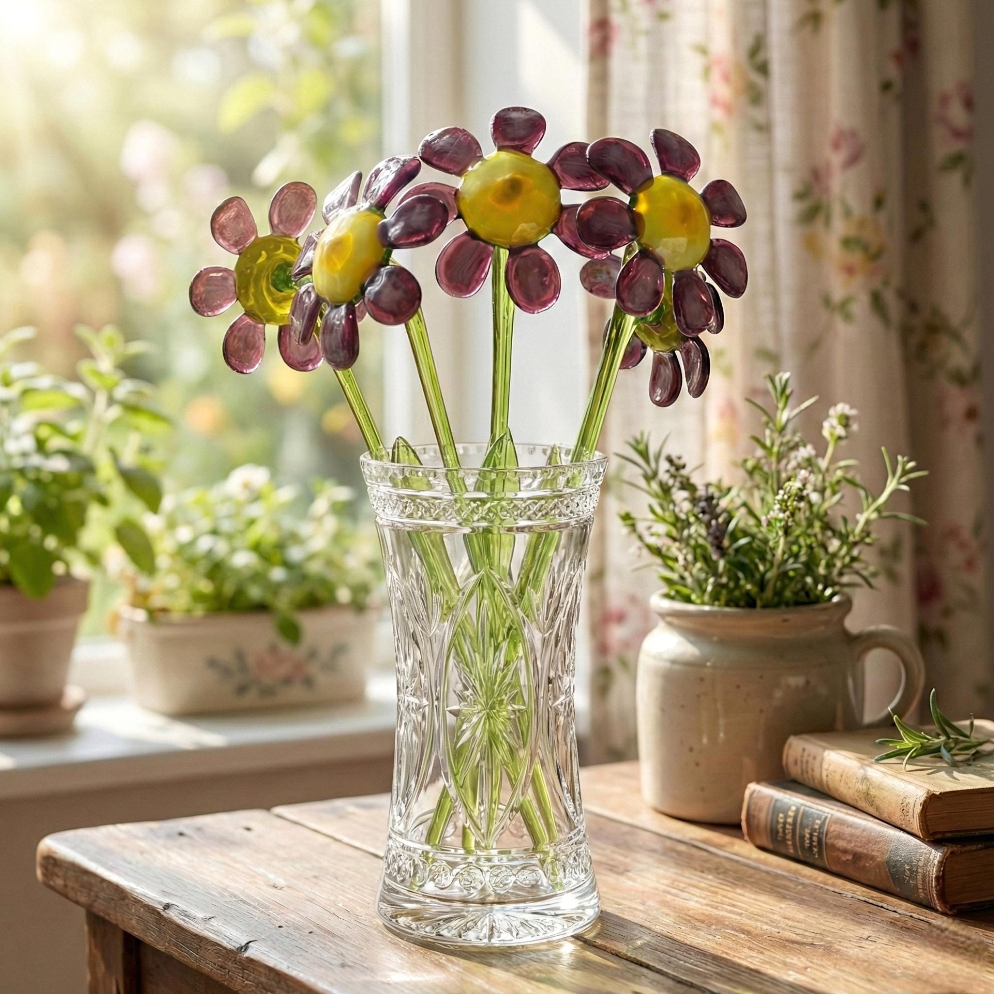 Purple Glass Flowers, Glass Daisy Gifts, Glass Birth Month Flower, Daisy Bouquet, Daisy Birth Flower Glass Flowers Bouquet, Mothers Day Gift