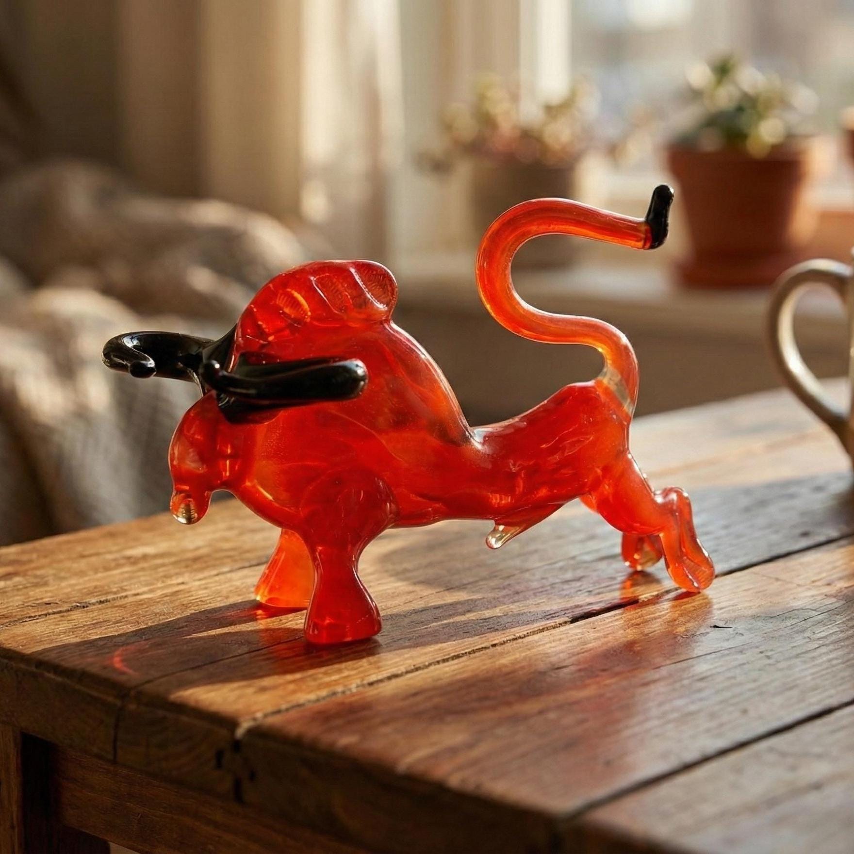 Handblown Glass Bull, Glass Animals, Blown Glass Animals, Bull Figurine, Bull Statue, Bull Sculpture, Red Glass Bull, Glass Sculpture