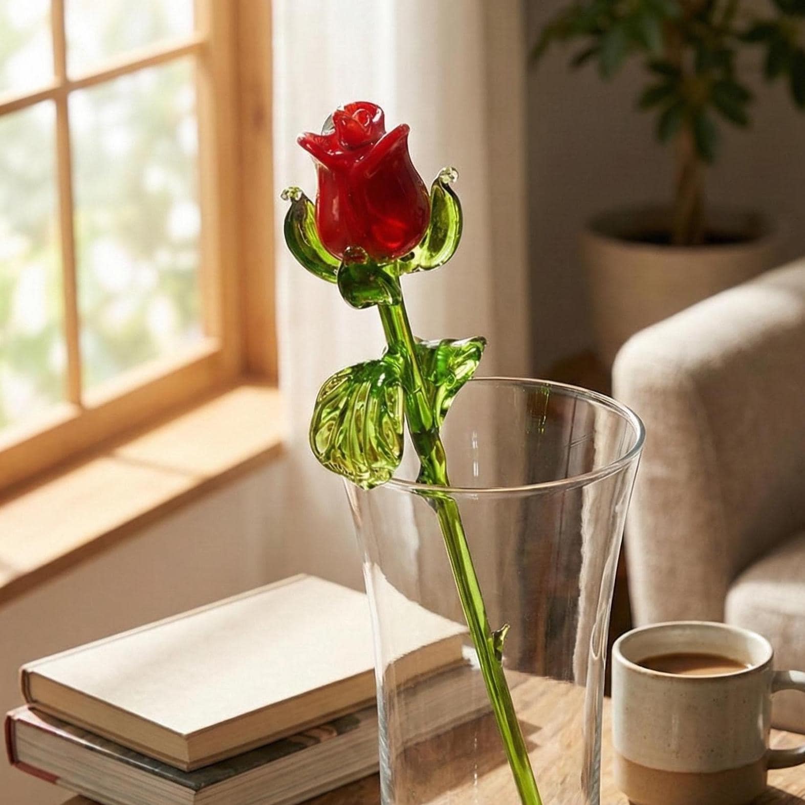 Hand Blown Red Glass Rose - Mothers day Gift for Her - Eternal Flower Gift, Romantic Home Decor