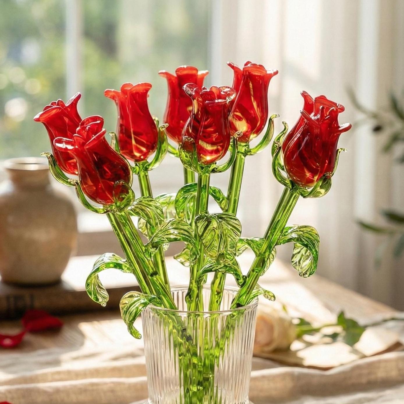 Red Glass Rose Flower – Eternal Rose Bouquet – Hand Blown Art Sculpture – Forever Rose – 13” Long Stem Collectible Gift – Mothers Day Gifts