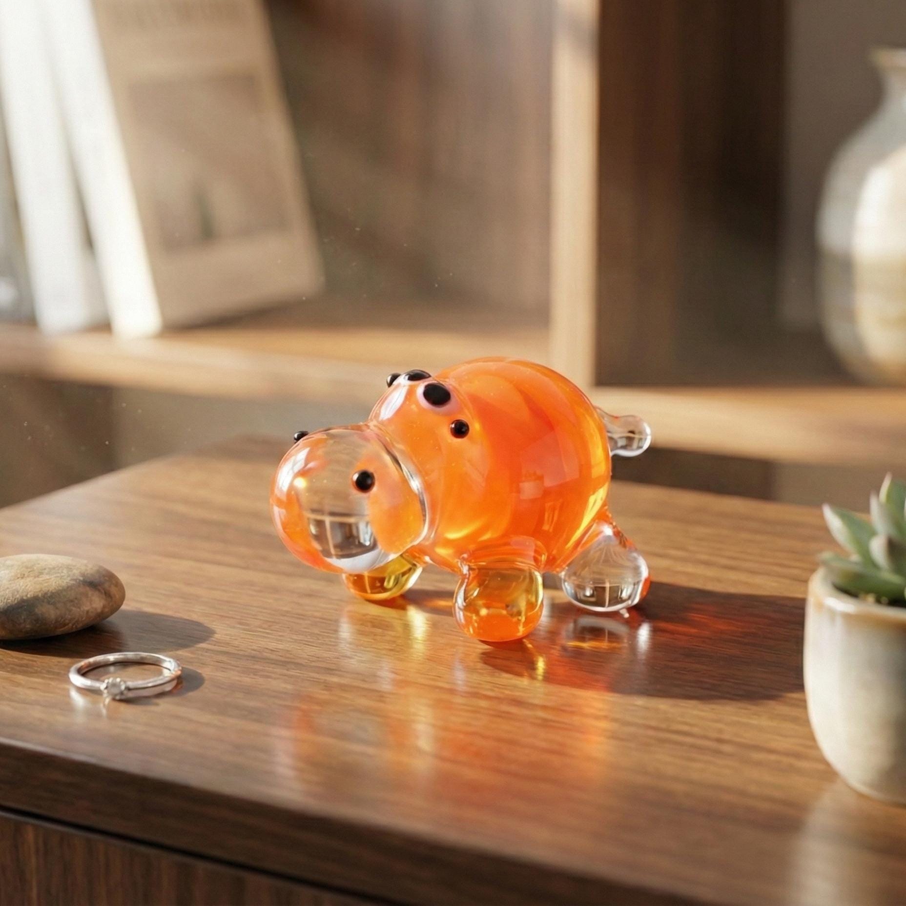 Hippo Gifts, Desk Pet, Safari Animals, Glass Hippo, House Hippo, Orange Hippo, Glass Animals, Tiny Animal, Cute Gift, Miniature Figurine