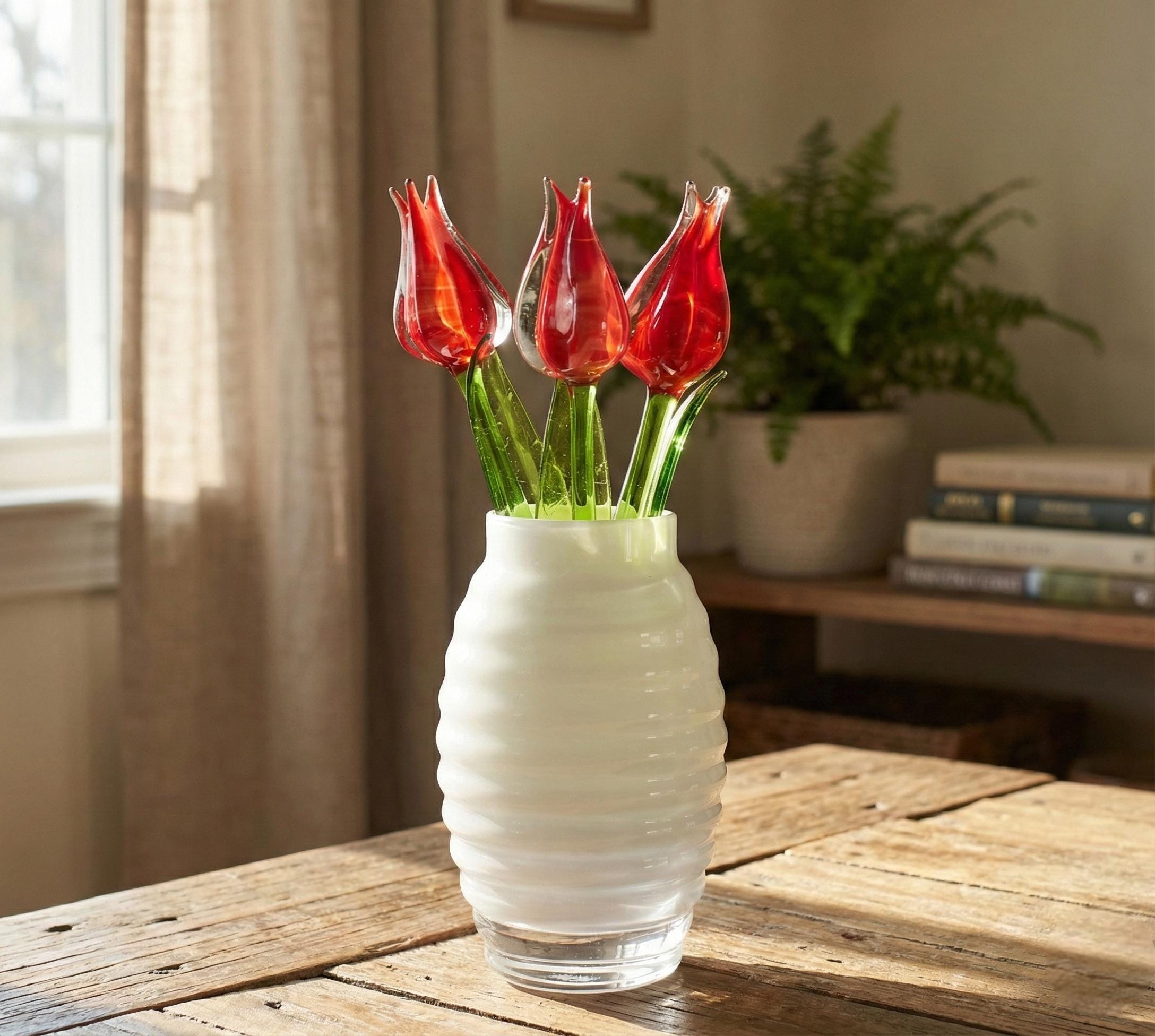 Glass Tulip Flowers, Blown Glass Flowers Bouquet - Glass Birth Month Flower - Tulip Glass Flowers with Stems - Mothers Day Gifts for Her