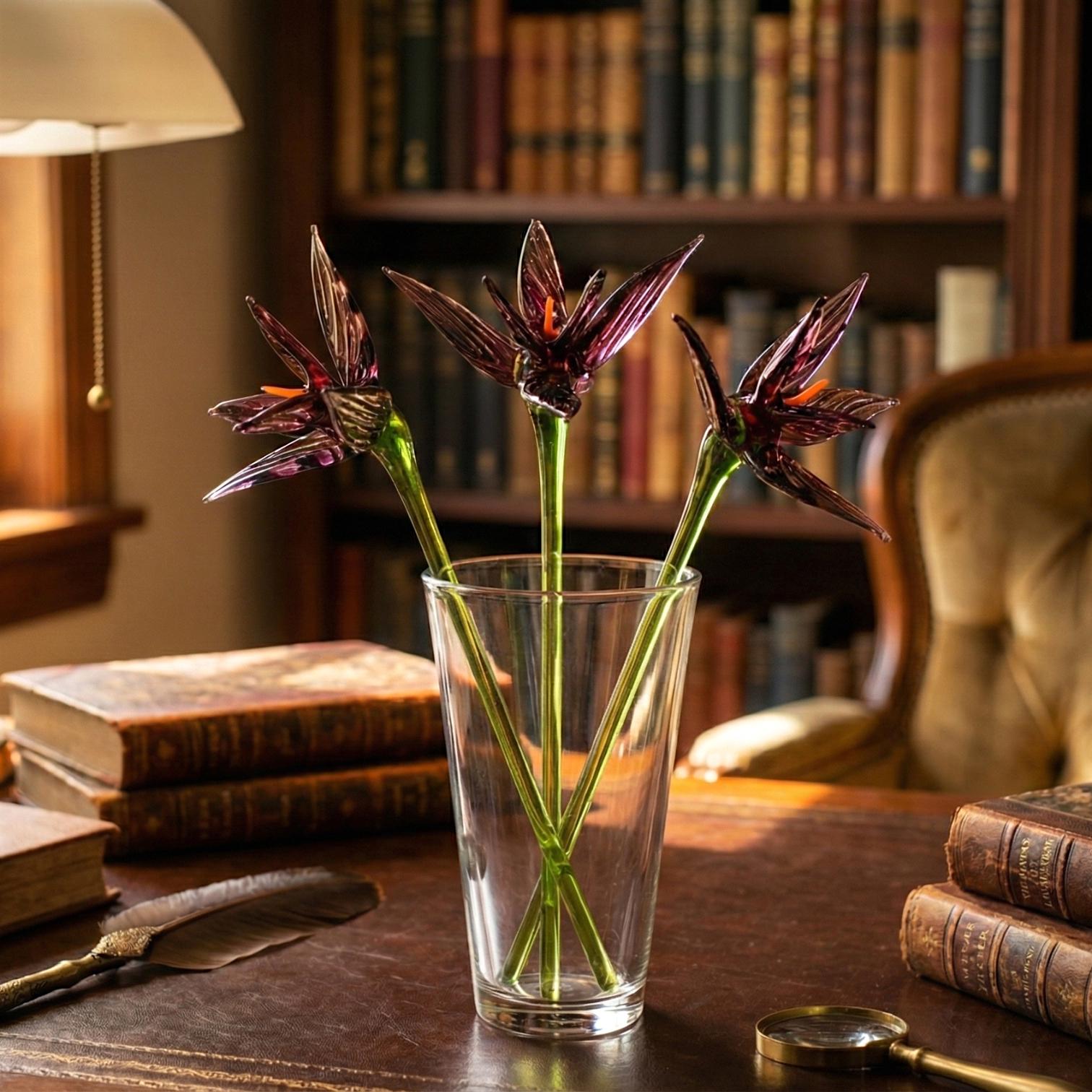 Purple Glass Flowers, Bird of Paradise Art Flower, Glass Birth Month Flower, Long Stem Glass Flowers Bouquet, Forever Flowers Gift