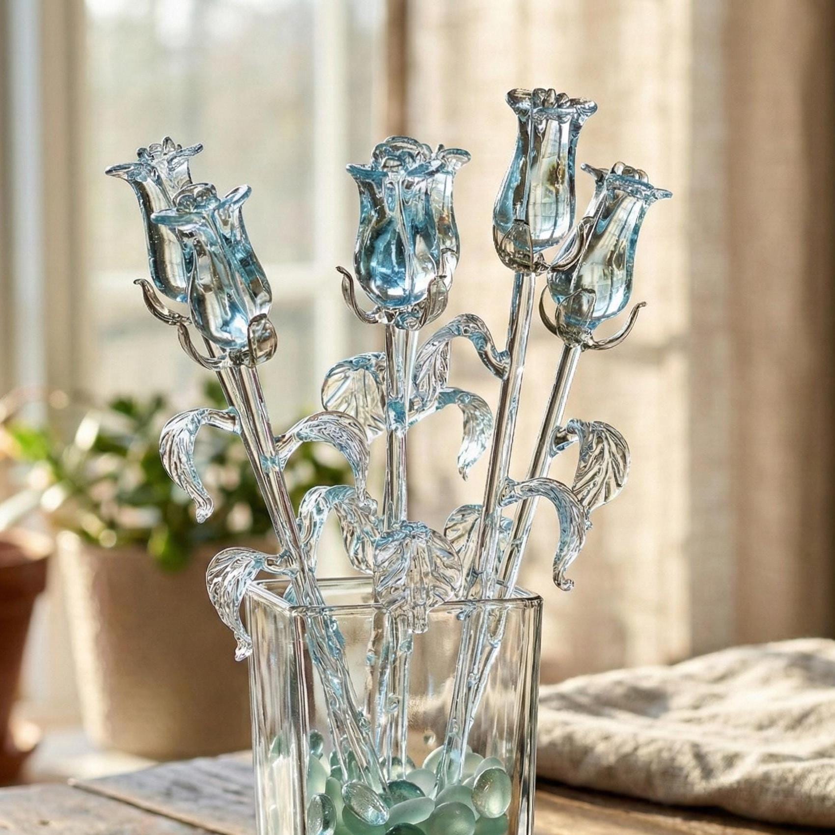 Glass Roses - Hand Blown Glass Rose - Glass Flowers Bouquet - Clear Glass Flowers - Mothers Day Gifts for Her