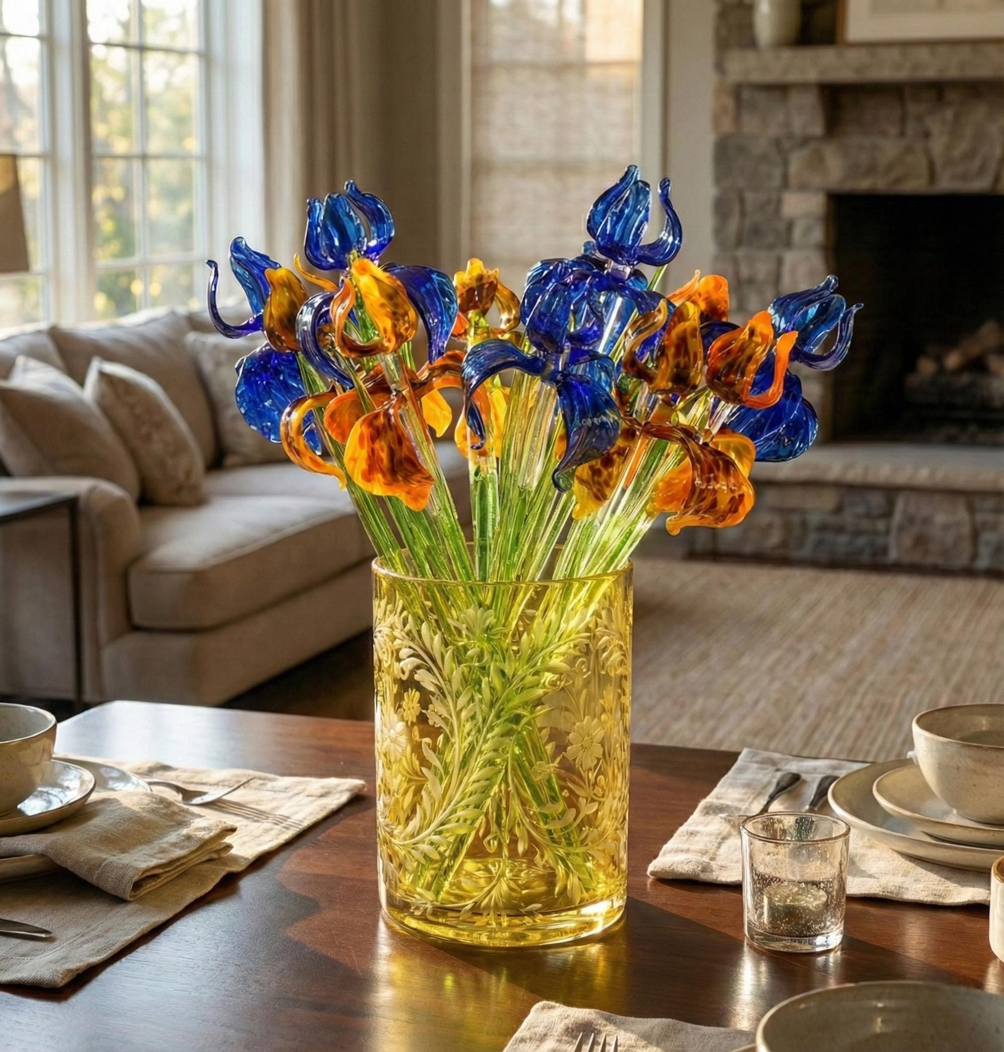 Glass Flowers Bouquet, Blown Glass Iris Flowers, Glass Birth Month Flower - Long Stem Glass Flowers - Anniversary Gift for Her