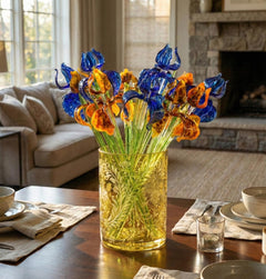 Glass Flowers Bouquet, Blown Glass Iris Flowers, Glass Birth Month Flower - Long Stem Glass Flowers - Anniversary Gift for Her