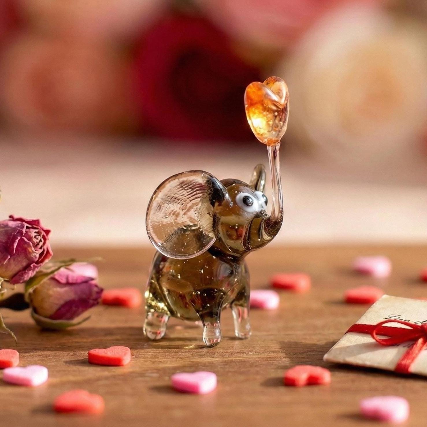 Handmade Brown Glass Elephant Figurine With Heart - Romantic Valentine’s Day Gift - Blown Glass Animal Desk Decor