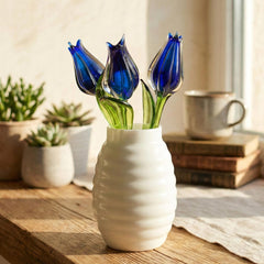 Glass Tulip Flowers, Glass Birth Month Flower - Cobalt Blue Glass Flowers Bouquet - Tulip Glass Flowers with Stems, Mothers Gift for Her