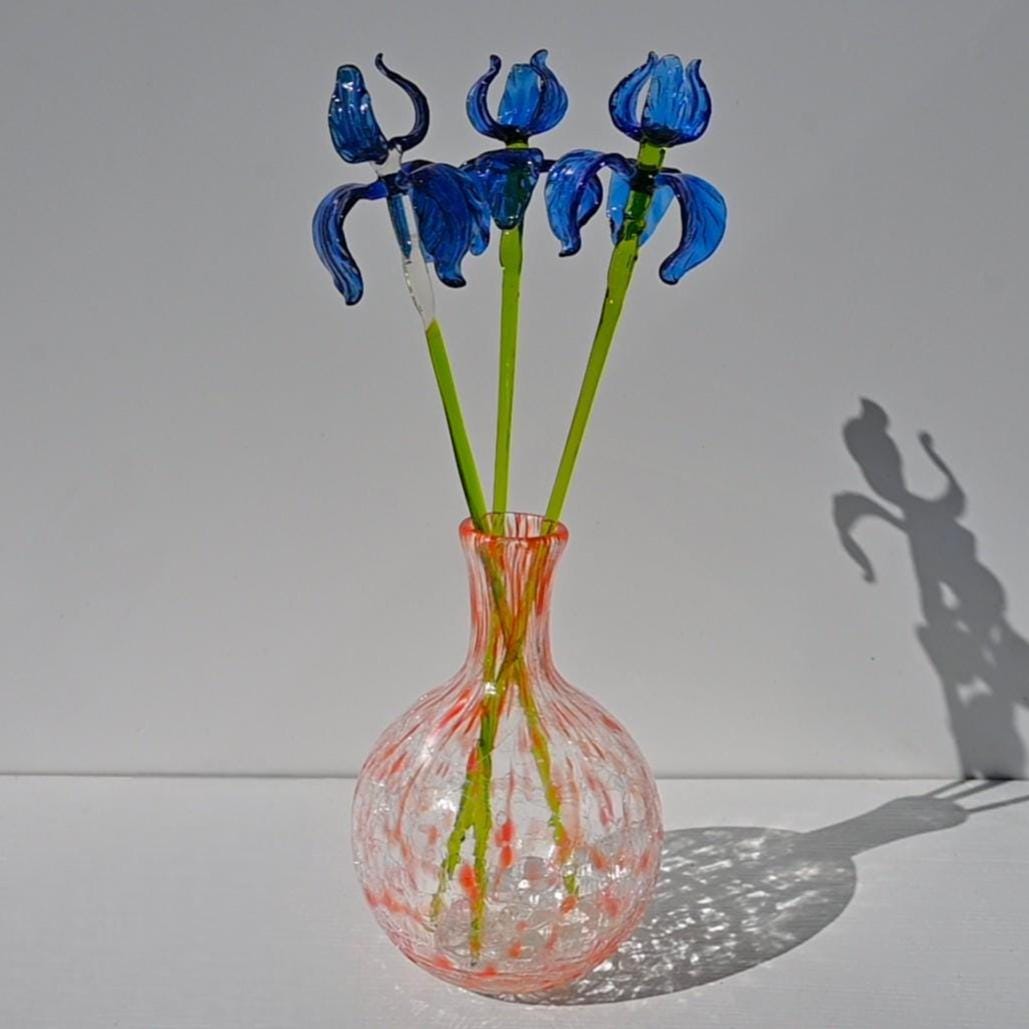 Glass Flowers in Vase, Glass Iris Flowers Bouquet - Long Stem Glass Flowers - Glass Birth Month Flower - Birthday Gift for Her