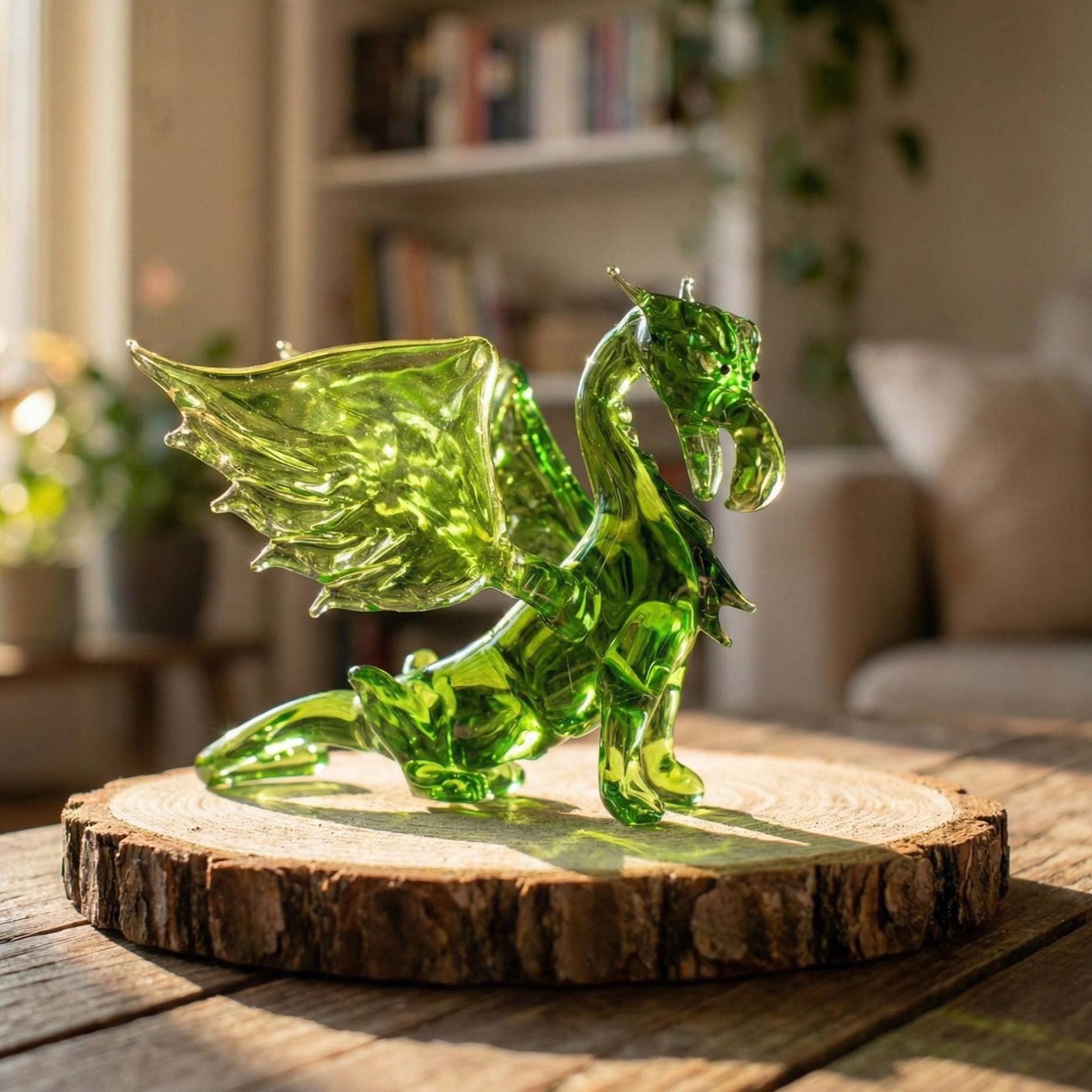 Dragon Statue, Glass Sculpture, Green Glass Dragon, Fantasy Decor, Dragon Gifts, Dragon Decor, Fantasy Art, Blown Glass Animals, Statue