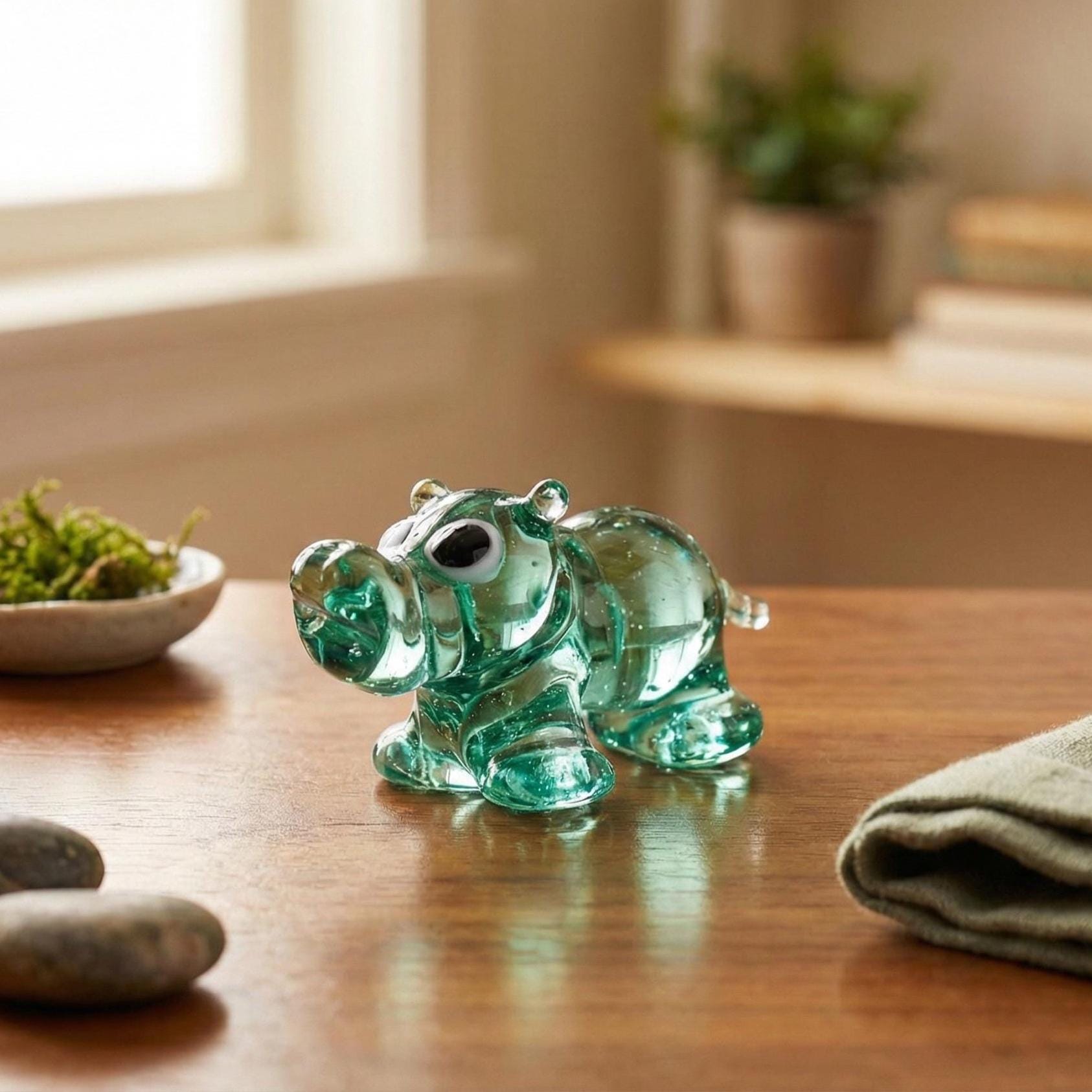 House Hippo, Tiny Glass Animals, Hippo Charm, Hippo Gifts, Glass Animals, Safari Animals, Hippo Statue, Teal Glass, Miniature Figurine