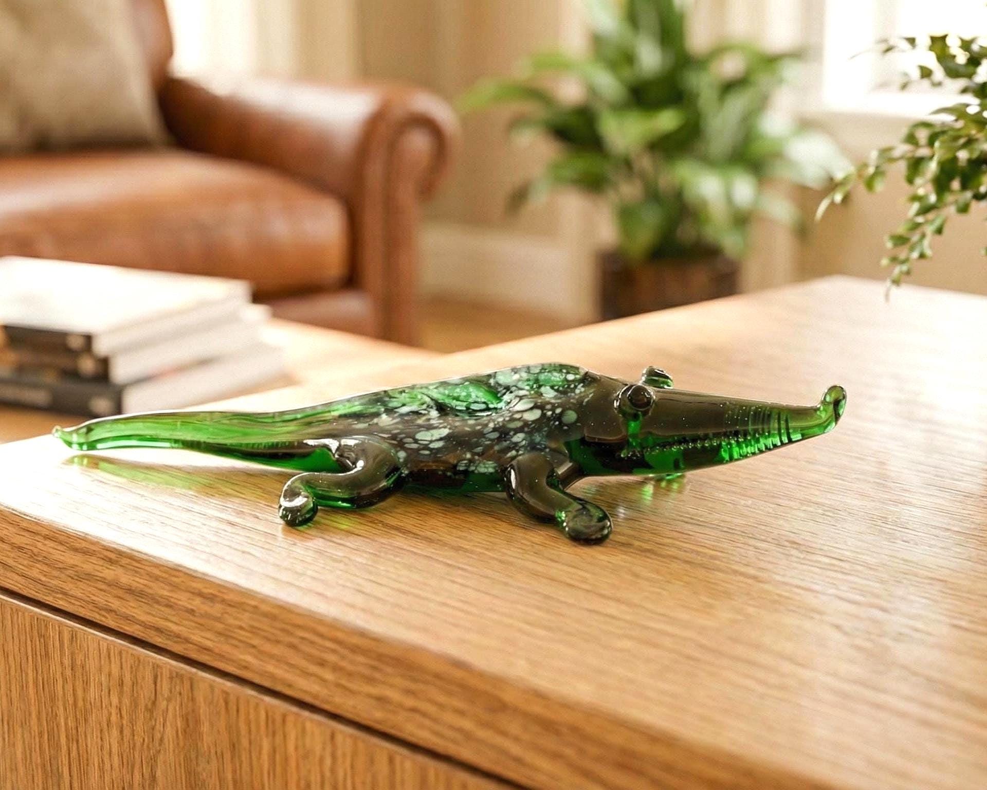 Alligator, Crocodile, Glass Sculpture, Alligator Art, Alligator Decor, Glass Animals, Green Glass Alligator, Blown Glass, Art Figure