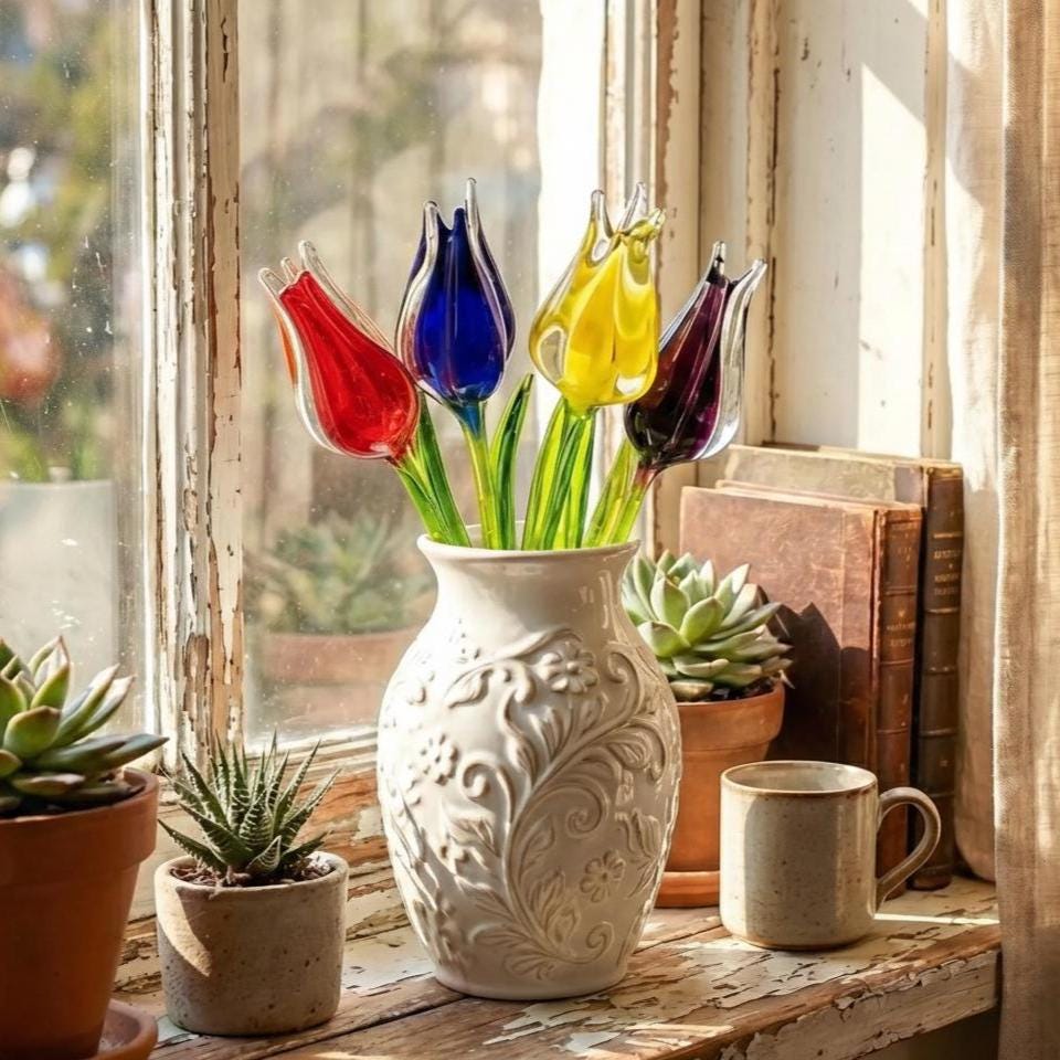 Glass Tulip Flowers, Blown Glass Flowers Bouquet - Glass Birth Month Flower - Tulip Glass Flowers with Stems - Mothers Day Gift for Her