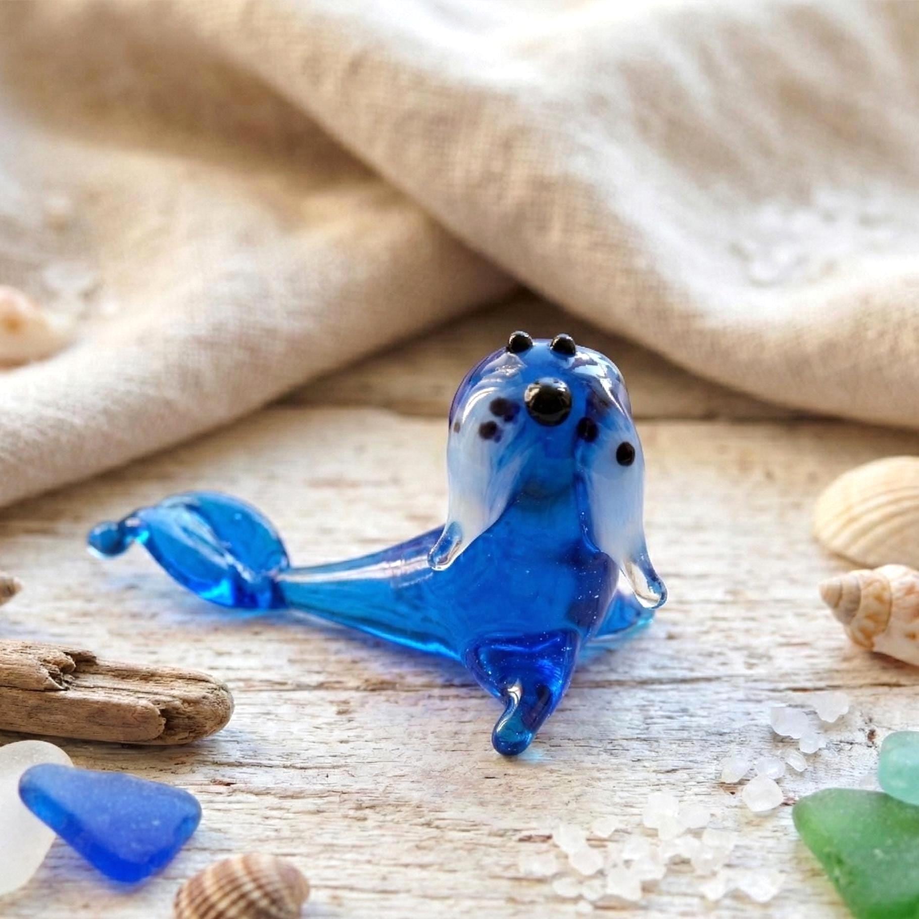 Blue Walrus Figurine, Tiny Glass Animals, Coastal Decor, Blown Glass Animals Figurines, Ocean Art, Beach House Decor, Sealife Gift