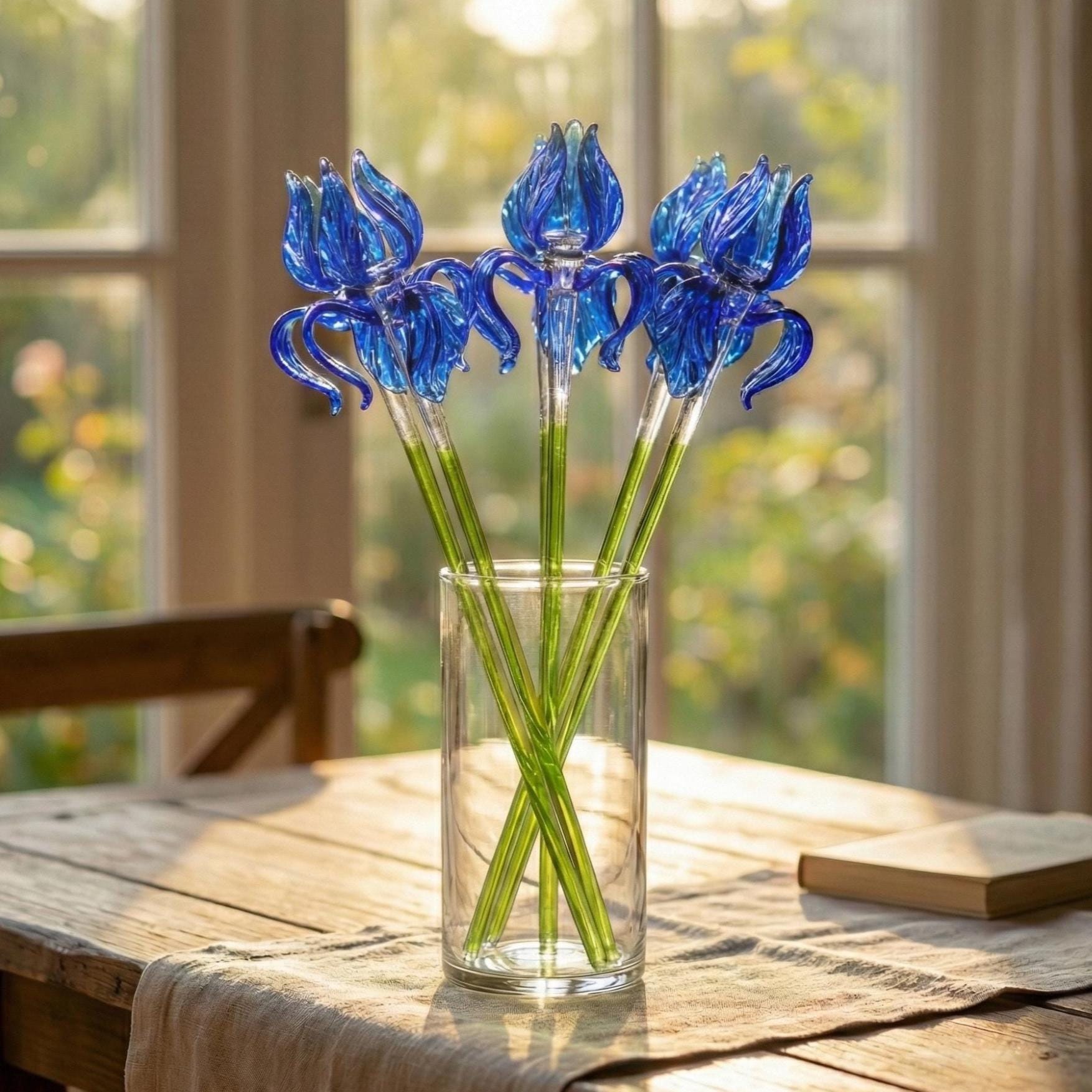 Blue Glass Iris, Glass Birth Month Flower, Glass Flower Bouquet, Long Stem Glass Flowers, Forever Flowers, Grandmas Garden Mothers Day Gifts