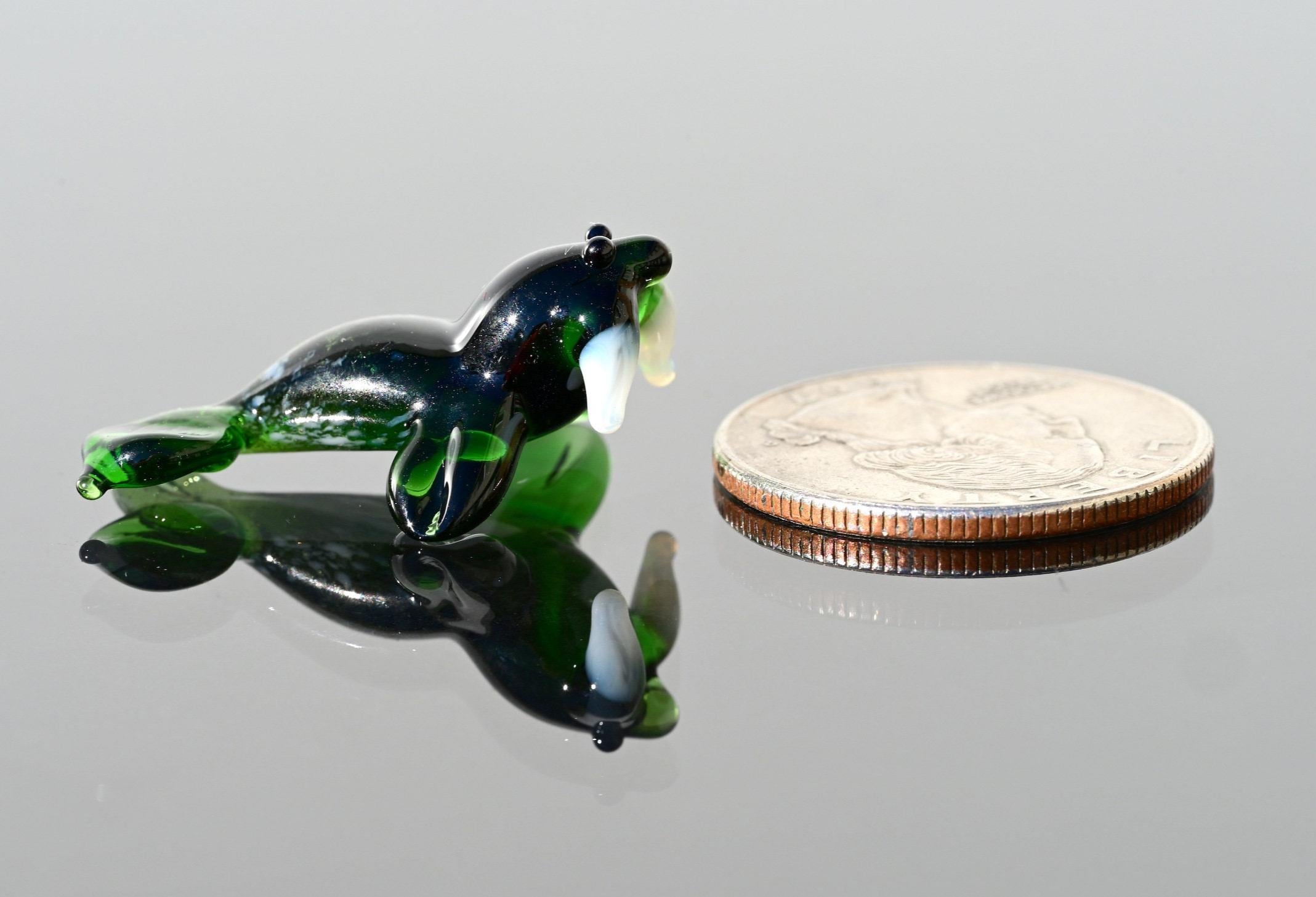 Tiny Glass Animals, Glass Walrus Figurine, Coastal Decor, Miniature Glass Animals, Ocean Art, Emerald Green, Sealife Gift, Glass Animal