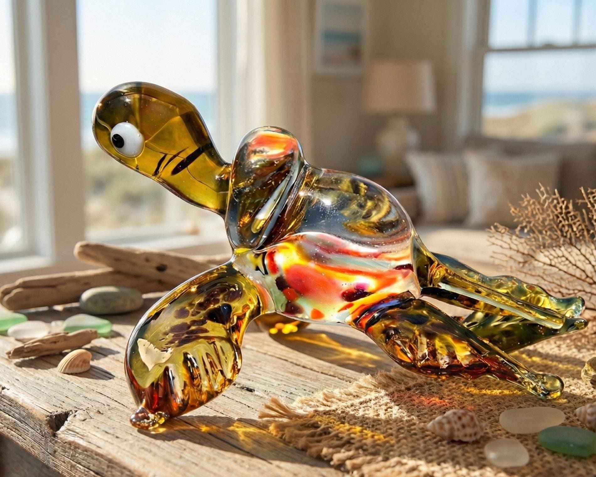 Sea Turtle Gifts, Large Glass Sea Turtle, Coastal Decor, Amber Turtle Figurine, Glass Animals, Ocean Art, Blown Glass Turtle Art Gift