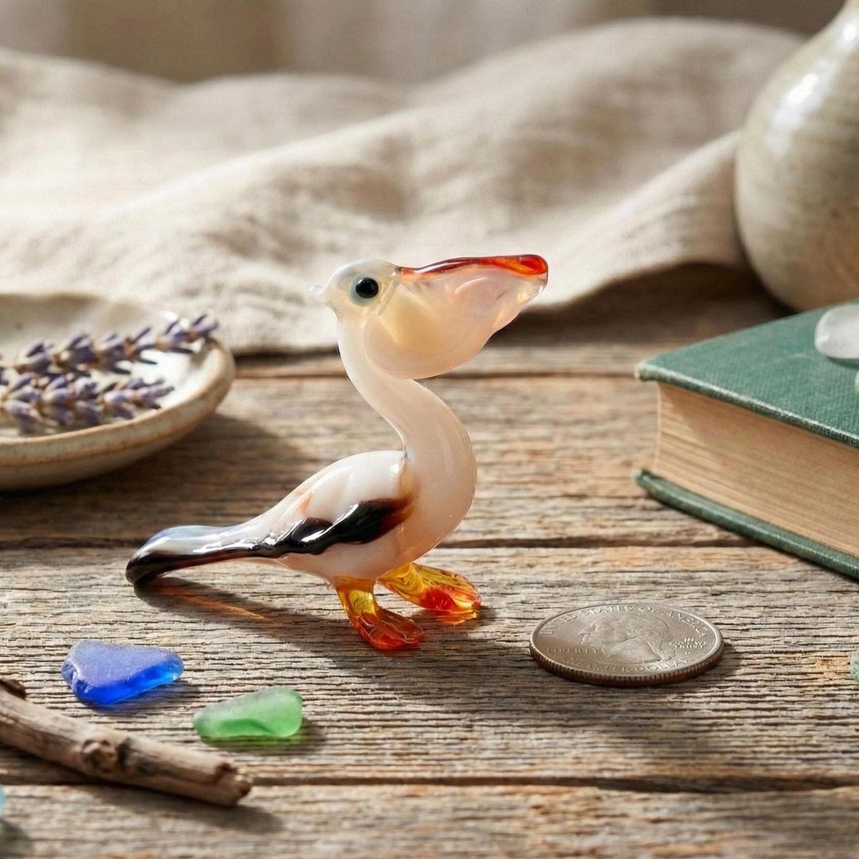 Handmade Glass Bird Figurine, Pelican Art, Mini Glass Animals, Glass Bird, Bird Gifts, Bird Figurines, Bird Decor, Glass Sculpture, Pelican