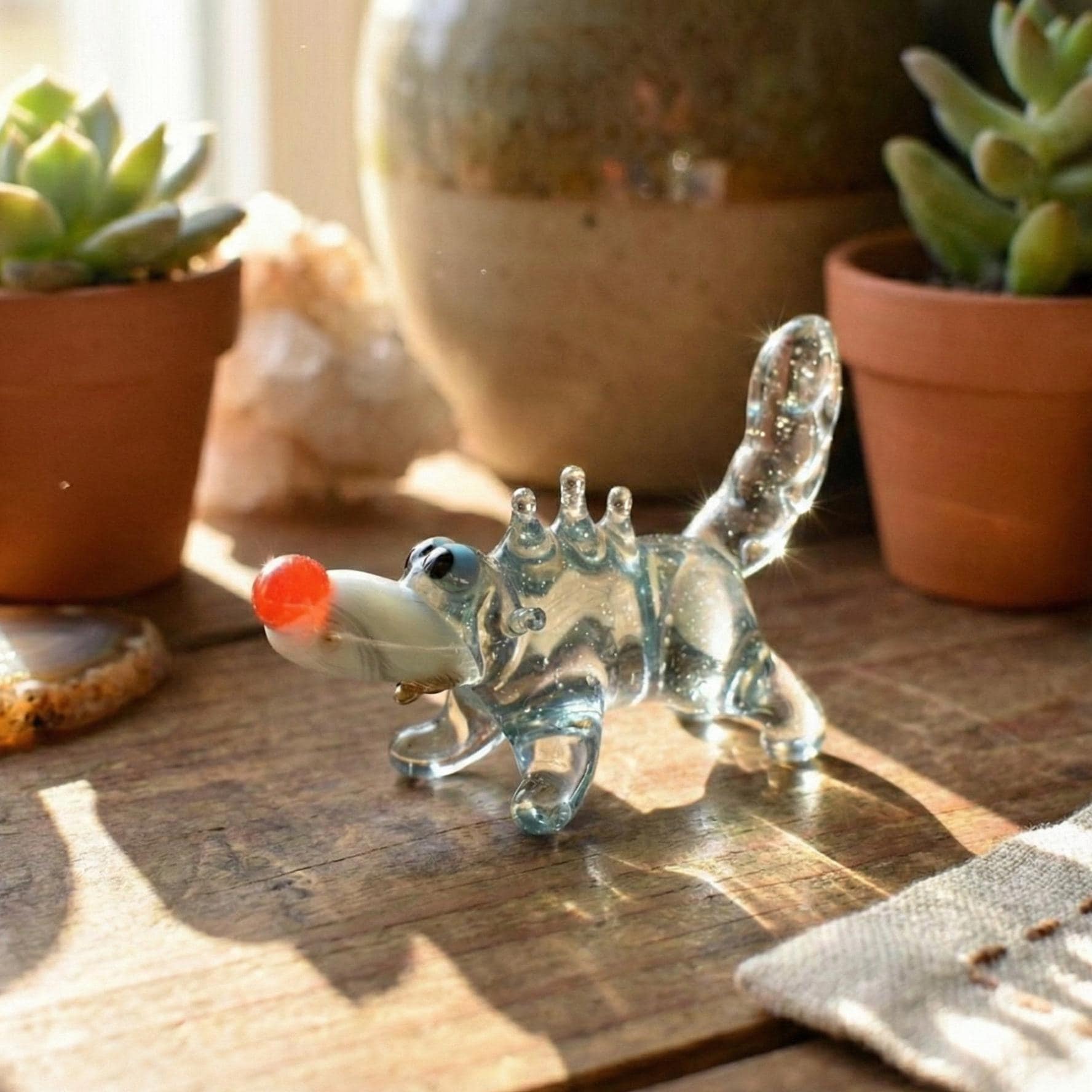 Hand Blown Glass Wolf Figurine: Whimsical Handmade Sculpture