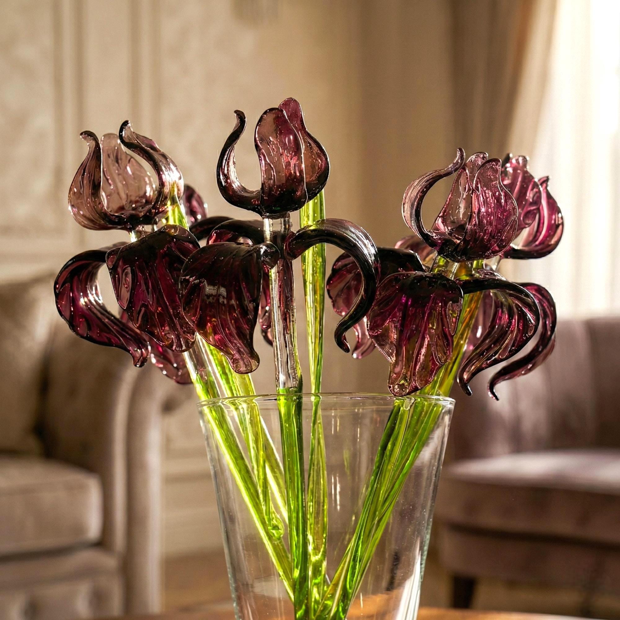 Awesome long stem purple glass Iris flower, purple glass flowers, Excellent addition to your  collection, unique gift.