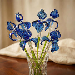 Handblown 17” Glass Iris Flower, Blown Glass Blue Iris Stem, Realistic Floral Art, Handmade Glass Mothers Day Gifts Home Decor & Unique Gift