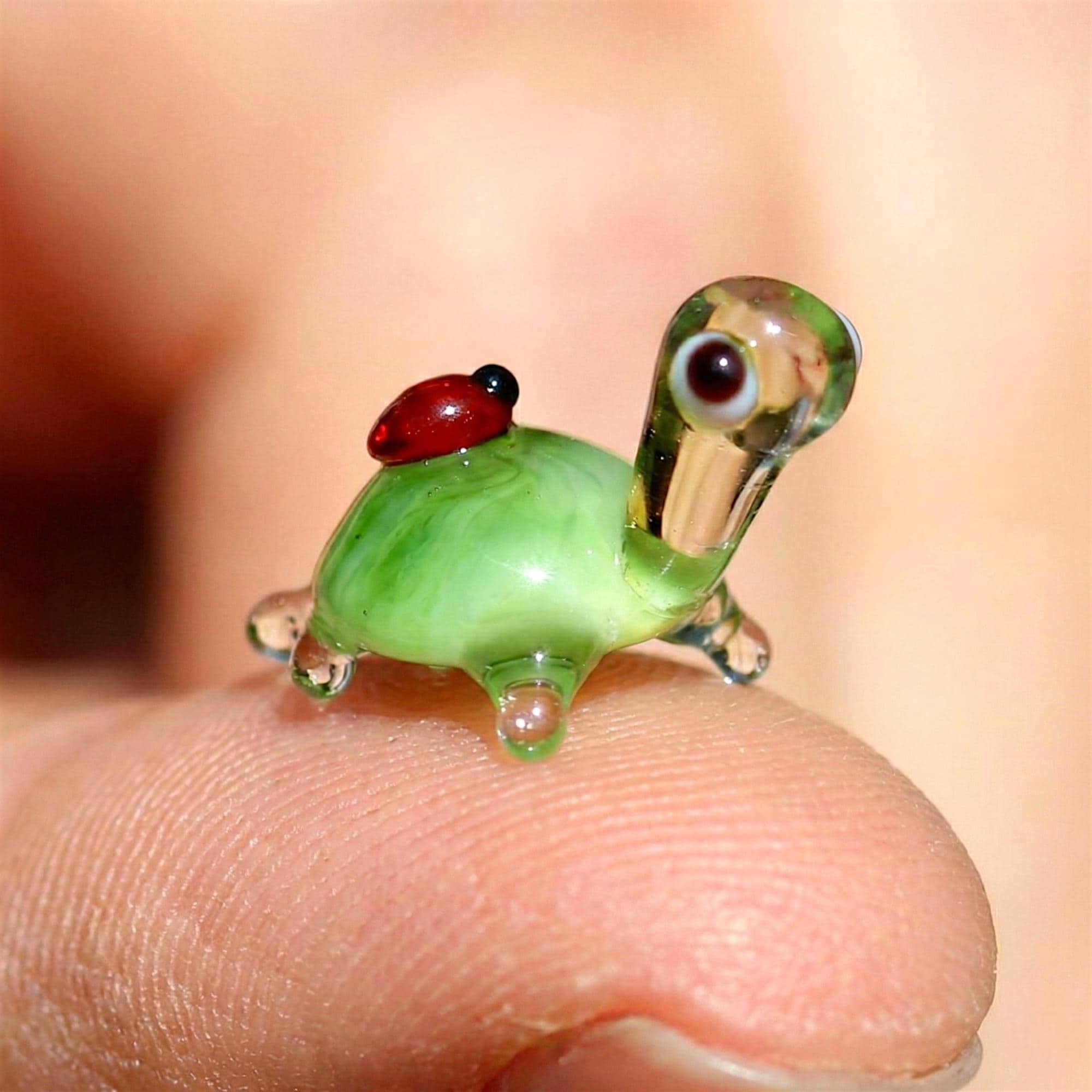 Hand-Blown Glass Turtle Figurine: Tiny Ladybug, Collectible Desk Decor