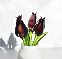 Glass Tulip Flowers, Goth Mothers Gift, Blown Glass Flowers Bouquet - Black Glass Flowers - Tulip Glass Flowers with Stems - Gothic Decor