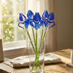 Hand-made Glass Iris with Blue Cheetah Pattern — Long-Stem Flower Sculpture, Unique Collectible Art