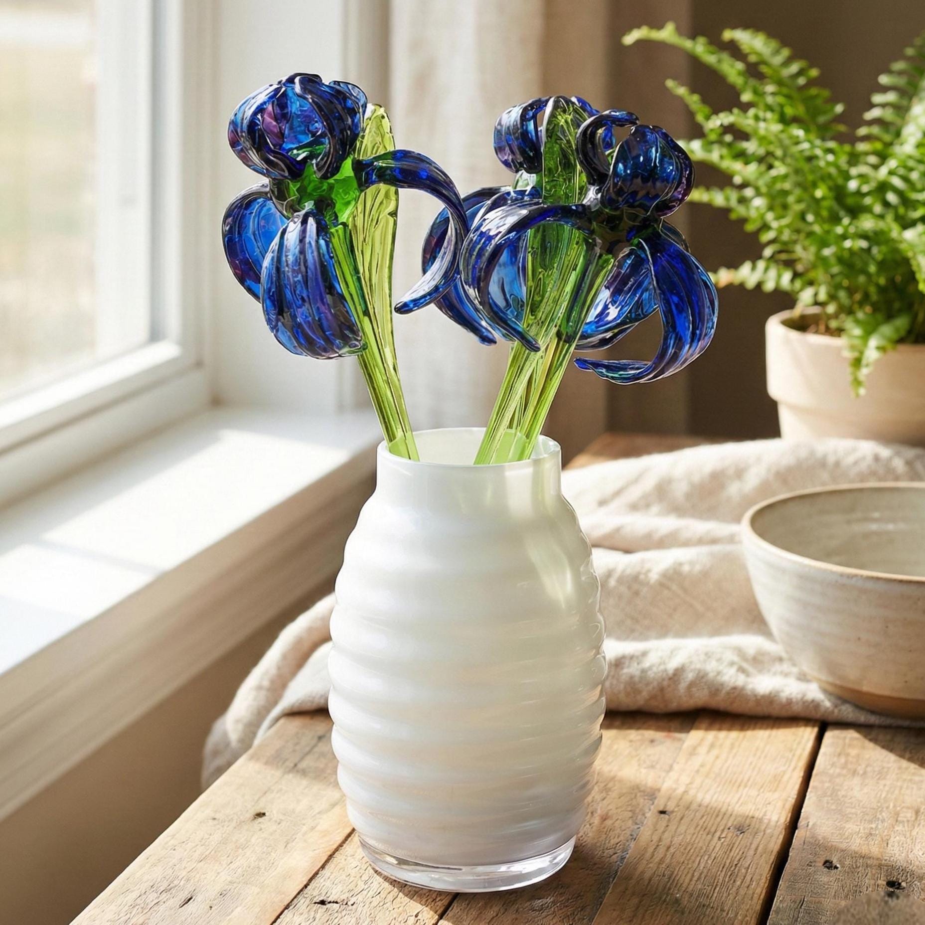 Glass Iris, Iris Gift, Iris Art, Glass Flowers Bouquet, Glass Birth Month Flower, Desk Decor For Women, Mini Glass Flowers Mothers Day Gifts