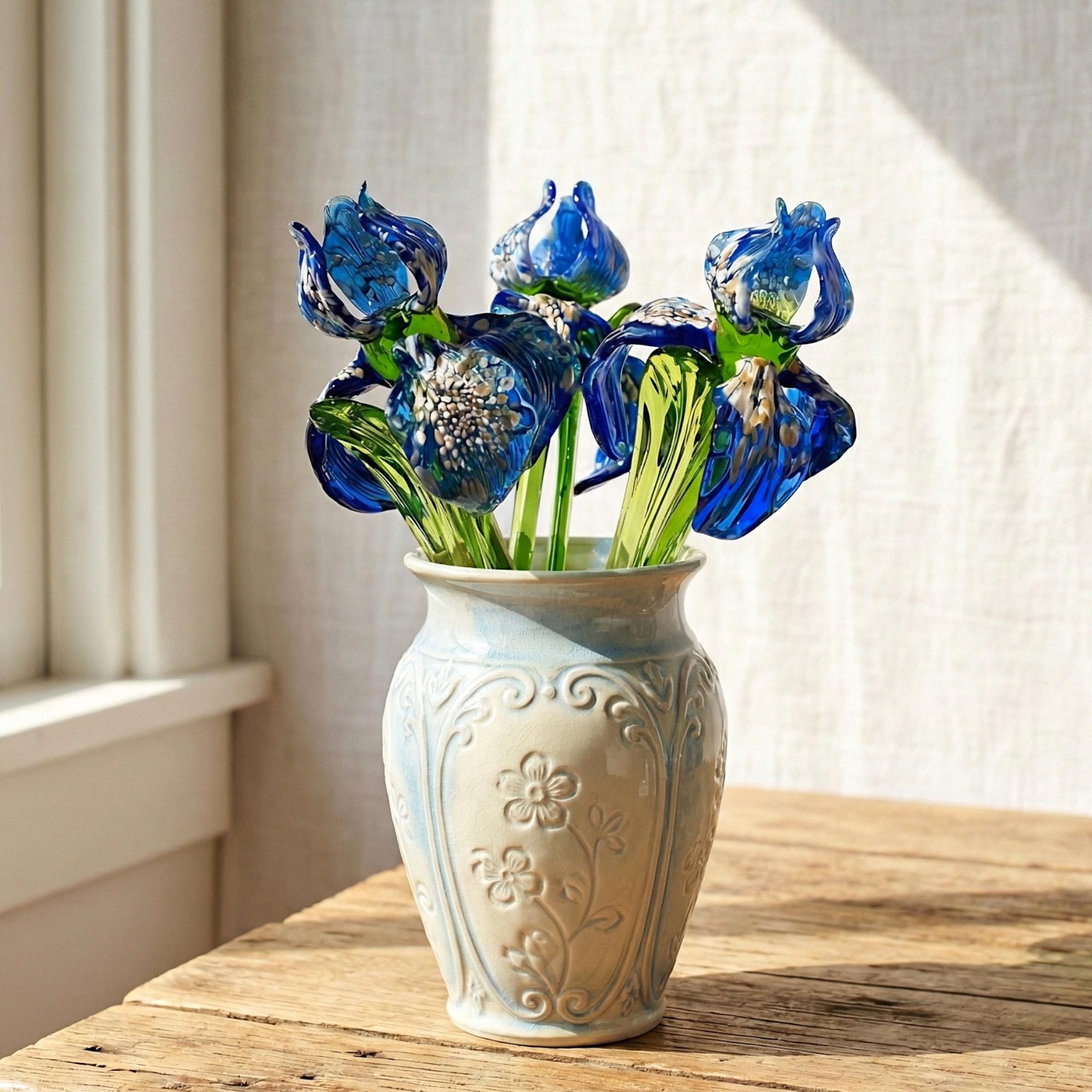 Beautiful blue and white glass Iris flower, mothers day gifts, Excellent addition to your glass collection, unique gift.