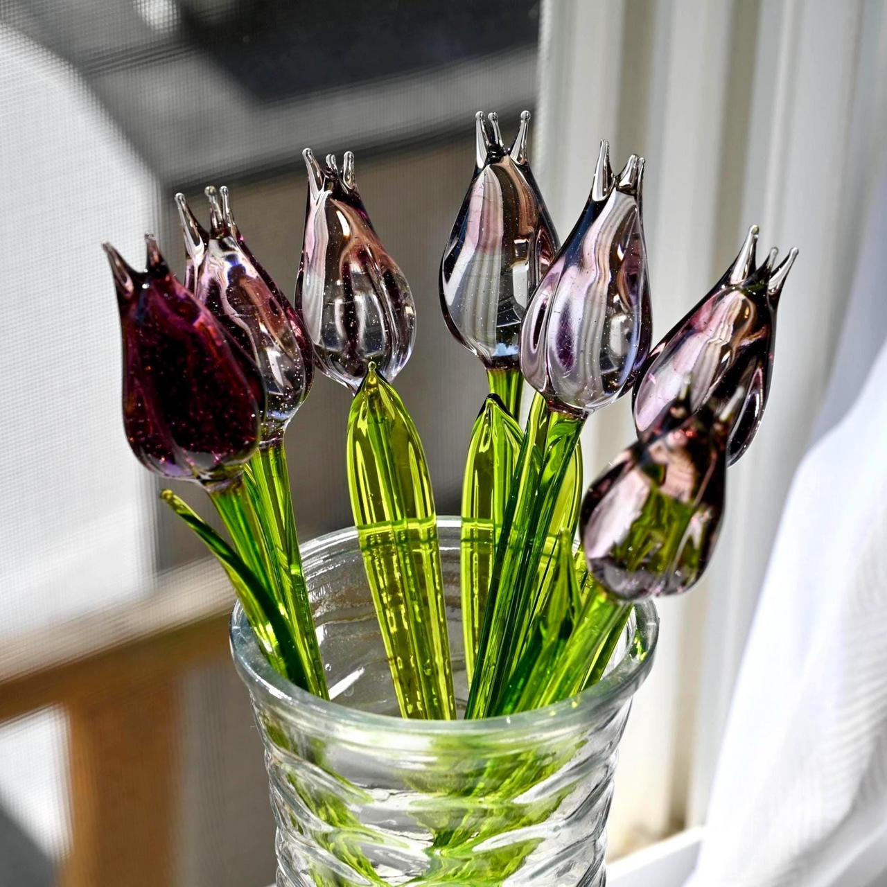 Purple Glass Flowers, Glass Tulips, Hand Blown Glass Flower Bouquet, Glass Flowers, Glass Birth Month Flower, Mothers Day Gifts Spring Decor