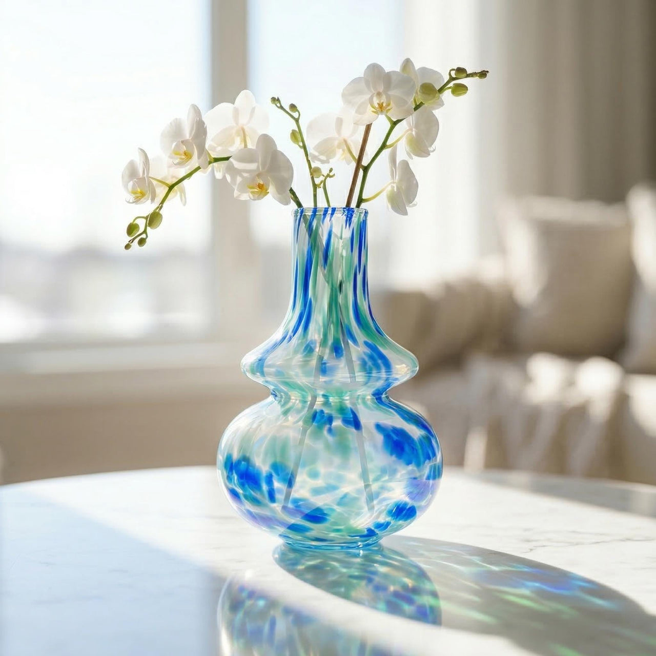 Hand Blown Blue White & Green Glass Vase