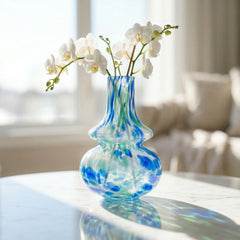 Hand Blown Blue White & Green Glass Vase