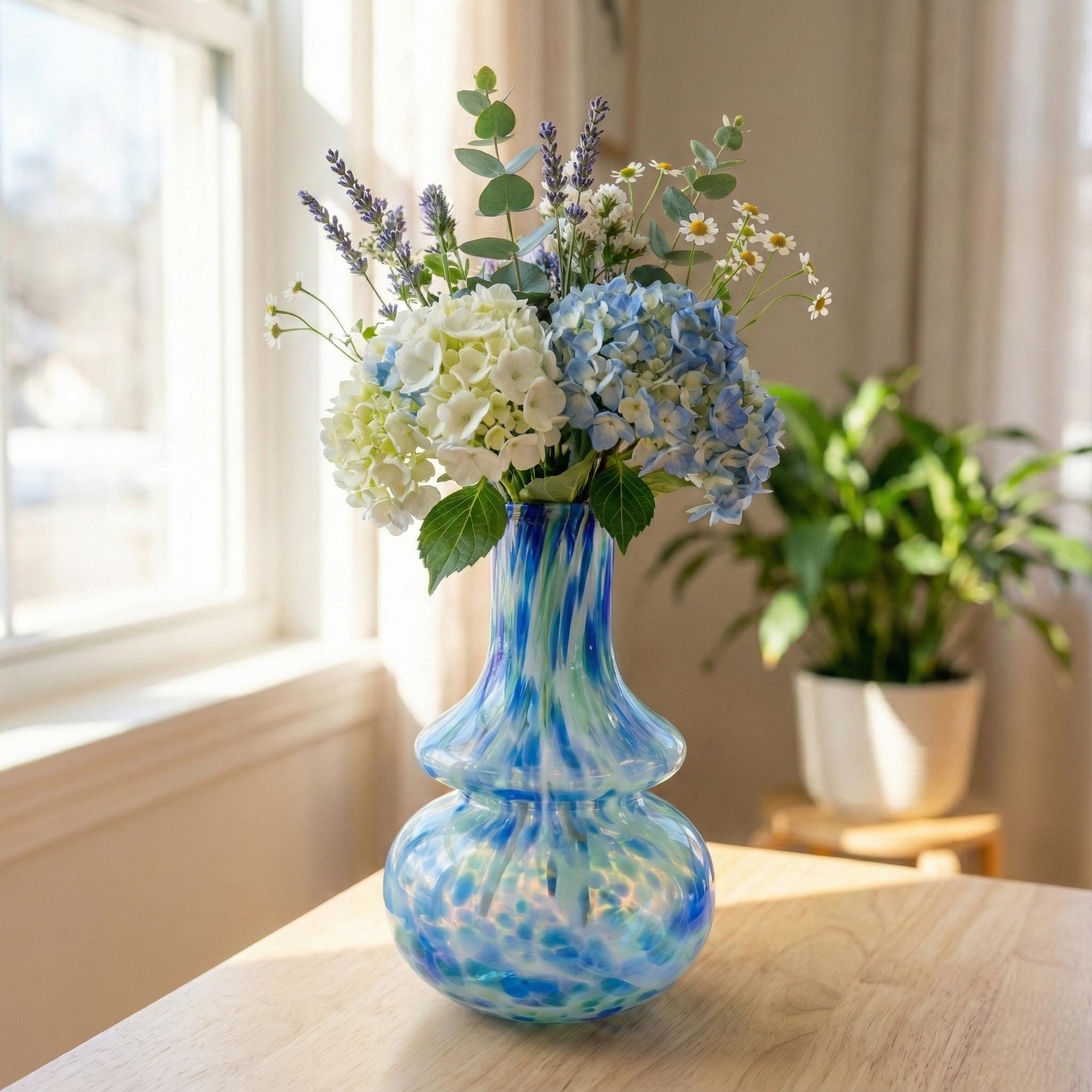 Hand Blown Blue White & Green Glass Vase