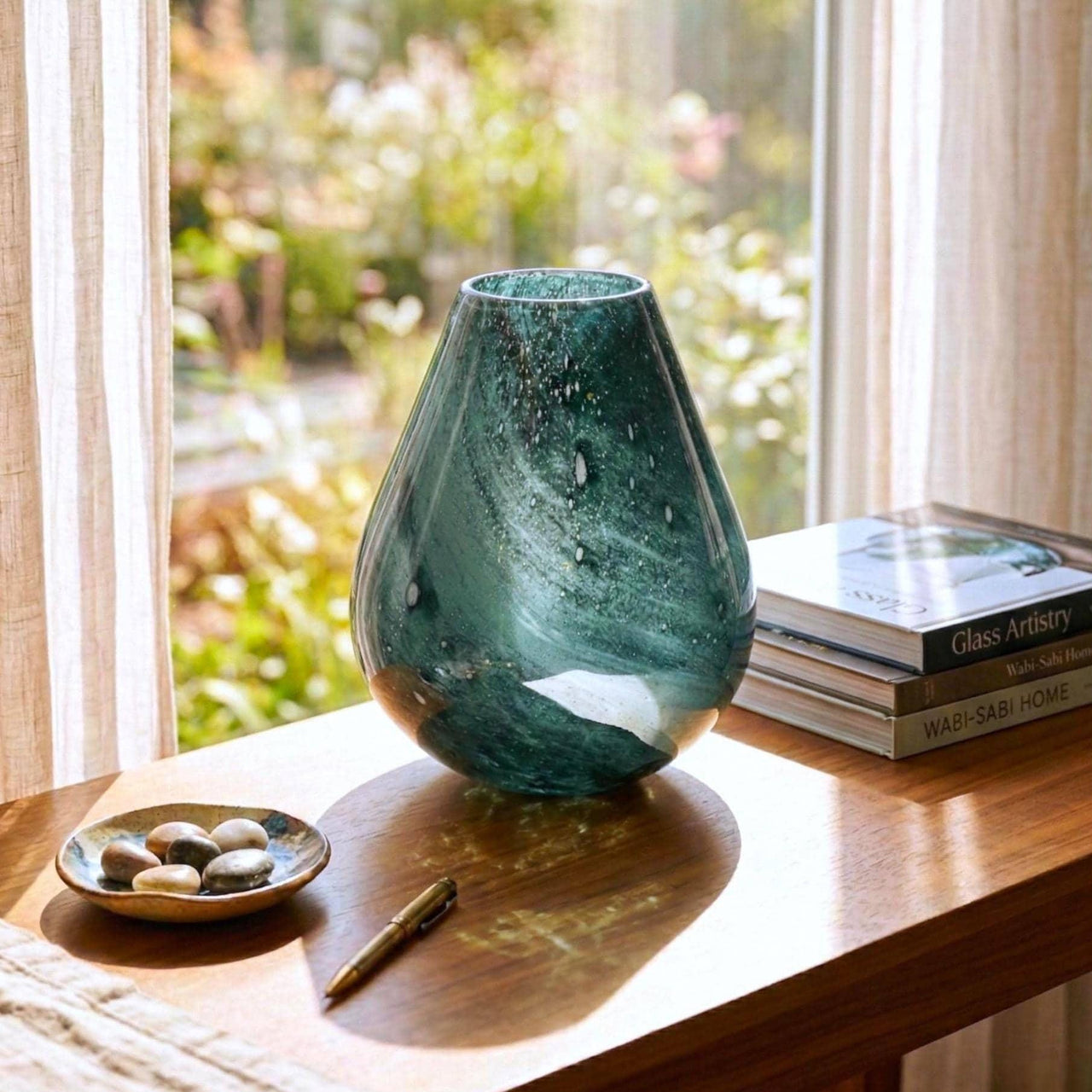 Vase Lamp, Hand Blown Glass Lamp, Cordless Table Lamp, Blue Glass Lamp, Rechargeable Lamp, Wireless Lamp, Blue Table Lamp, Teal Lamp
