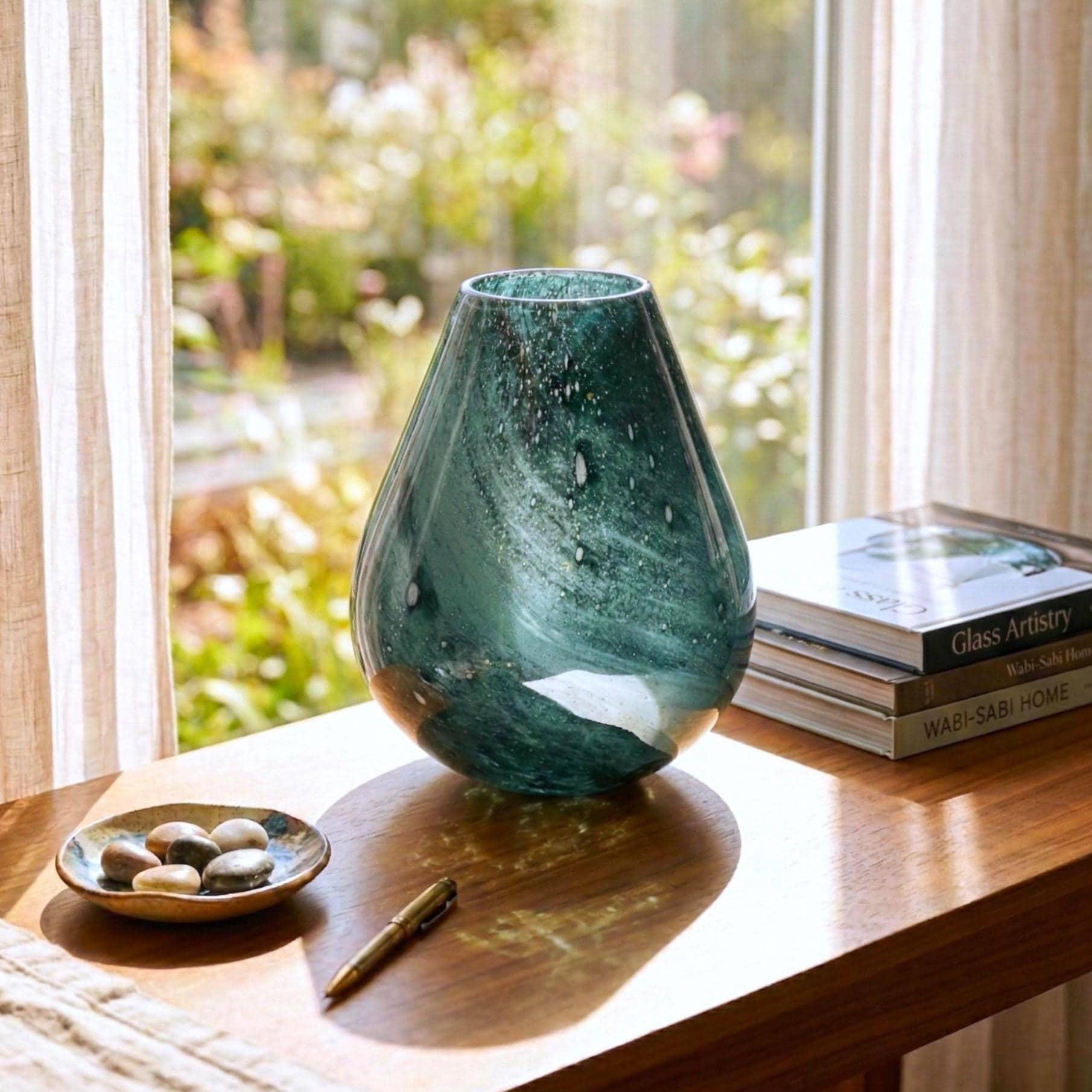 Vase Lamp, Hand Blown Glass Lamp, Cordless Table Lamp, Blue Glass Lamp, Rechargeable Lamp, Wireless Lamp, Blue Table Lamp, Teal Lamp