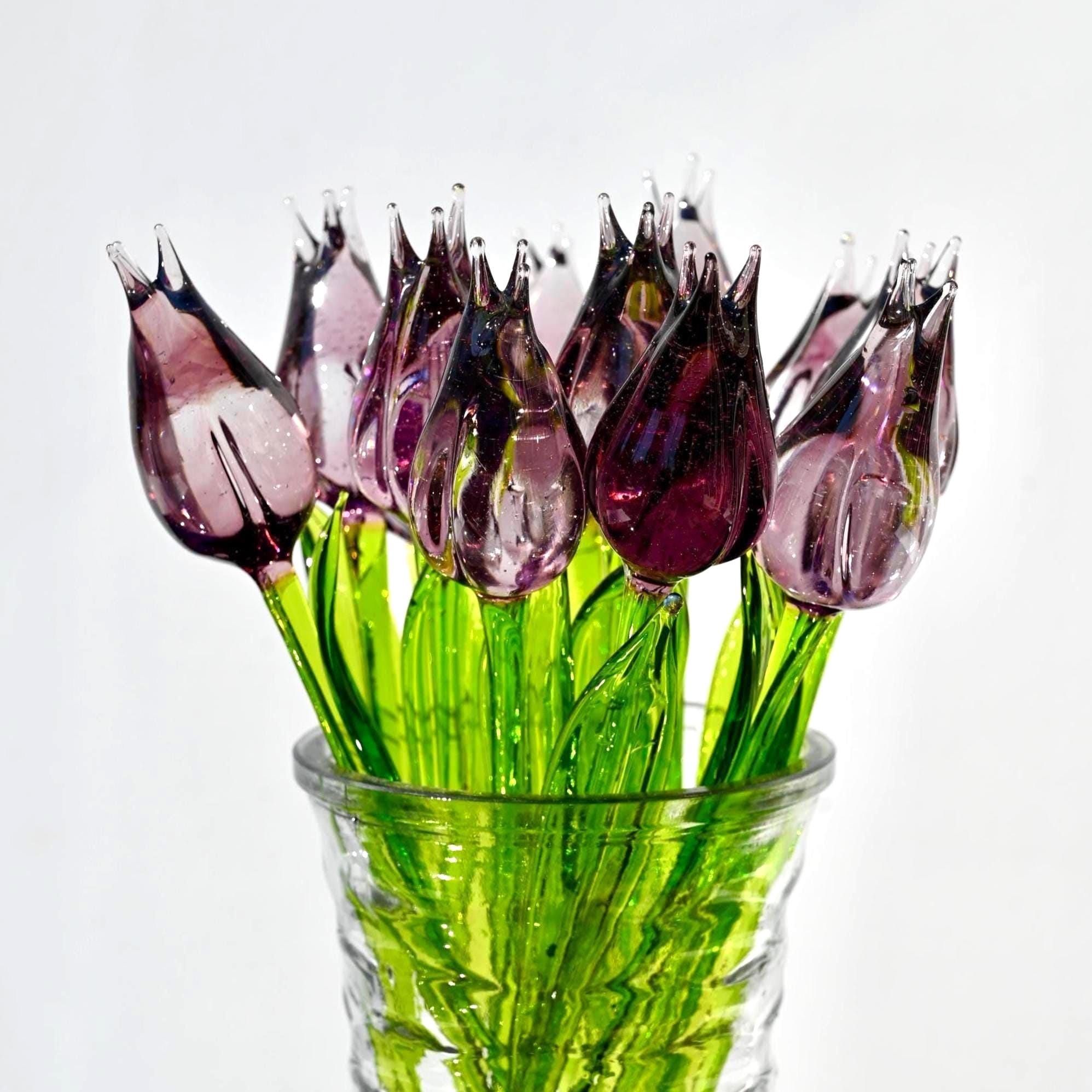 Purple Glass Flowers, Glass Tulips, Hand Blown Glass Flower Bouquet, Glass Flowers, Glass Birth Month Flower, Mothers Day Gifts Spring Decor