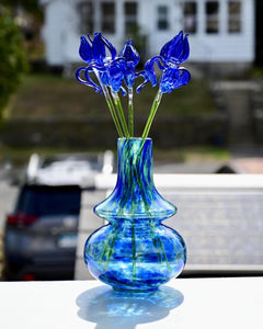 Hand Blown Glass Sculpture, Glass Art, Dining Table Centerpiece, Glass Flower Bouquet, Cobalt Blue Glass, Glass Flowers in Vase, Mothers Day