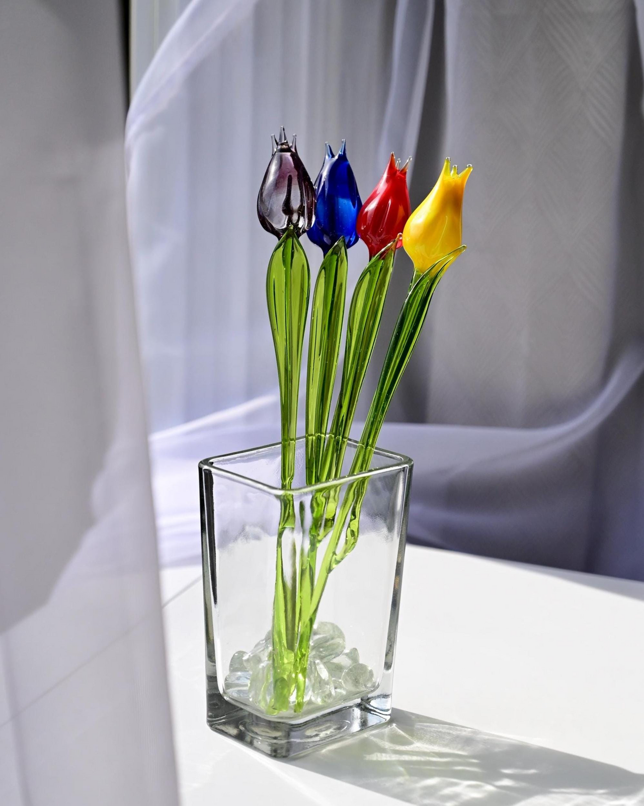 Set of 4 Multi Color Glass Tulips 14"