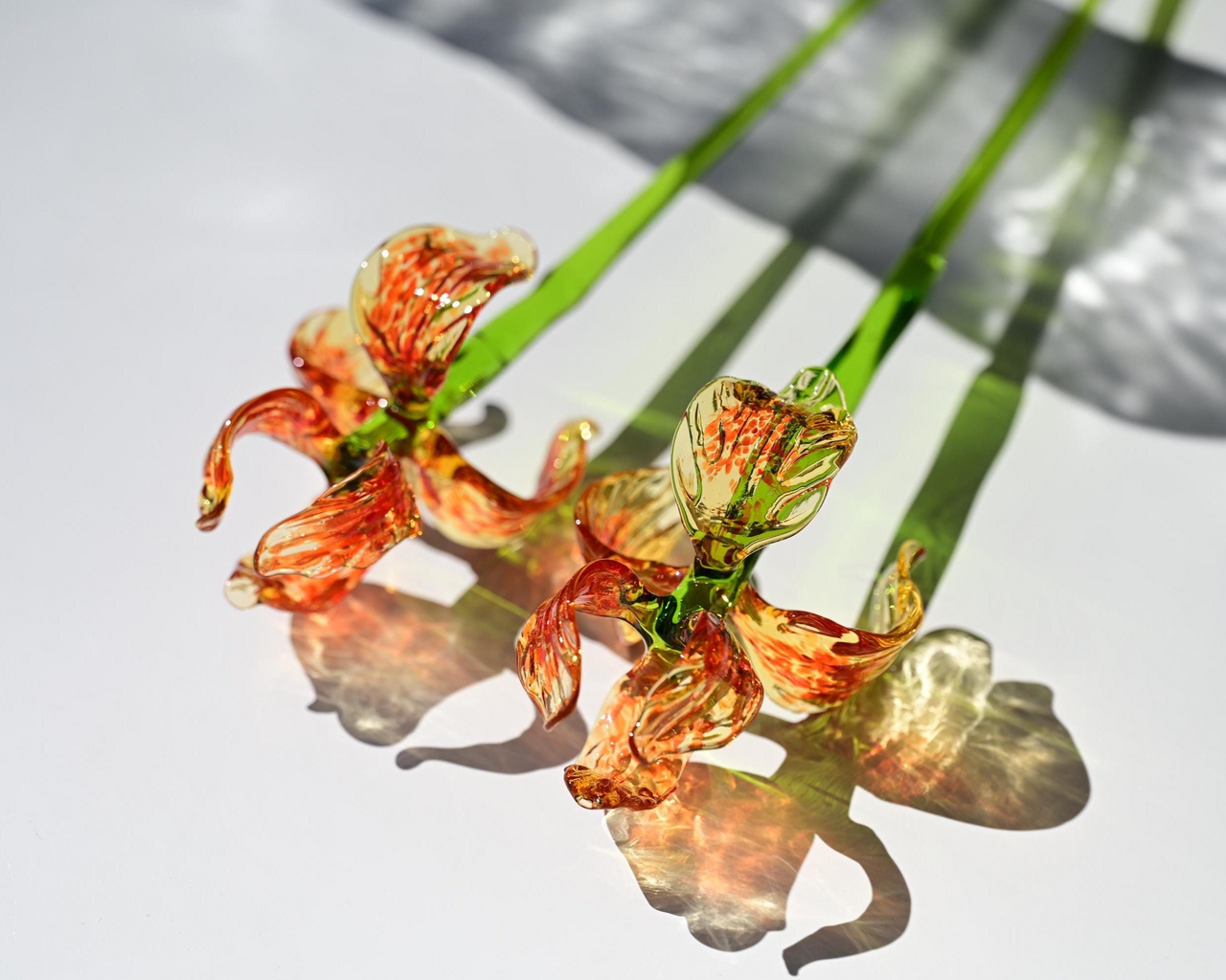 Hand Blown Spotted Orange Glass Iris 17"
