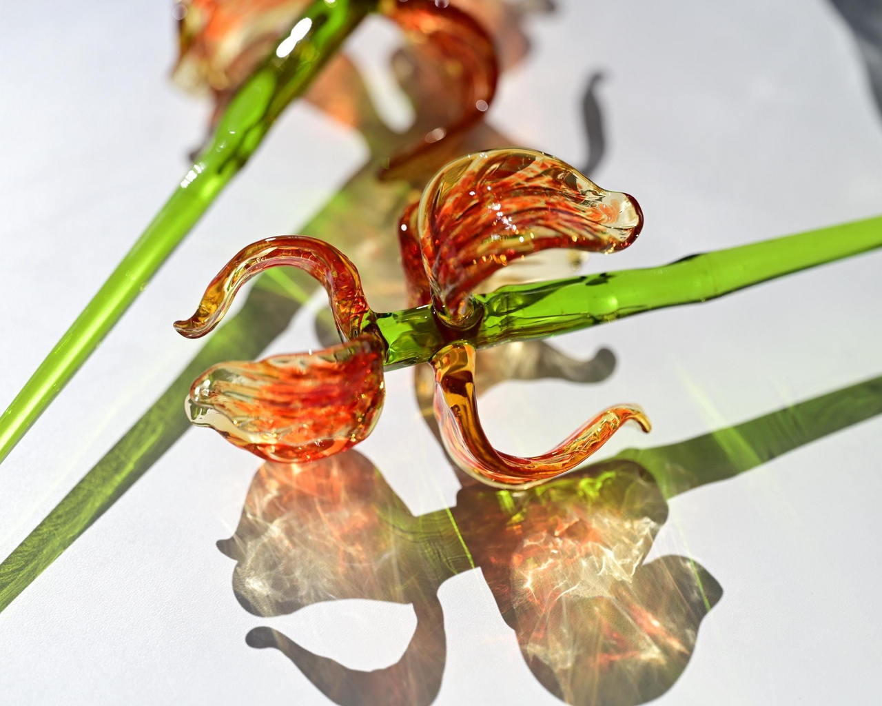 Hand Blown Spotted Orange Glass Iris 17"