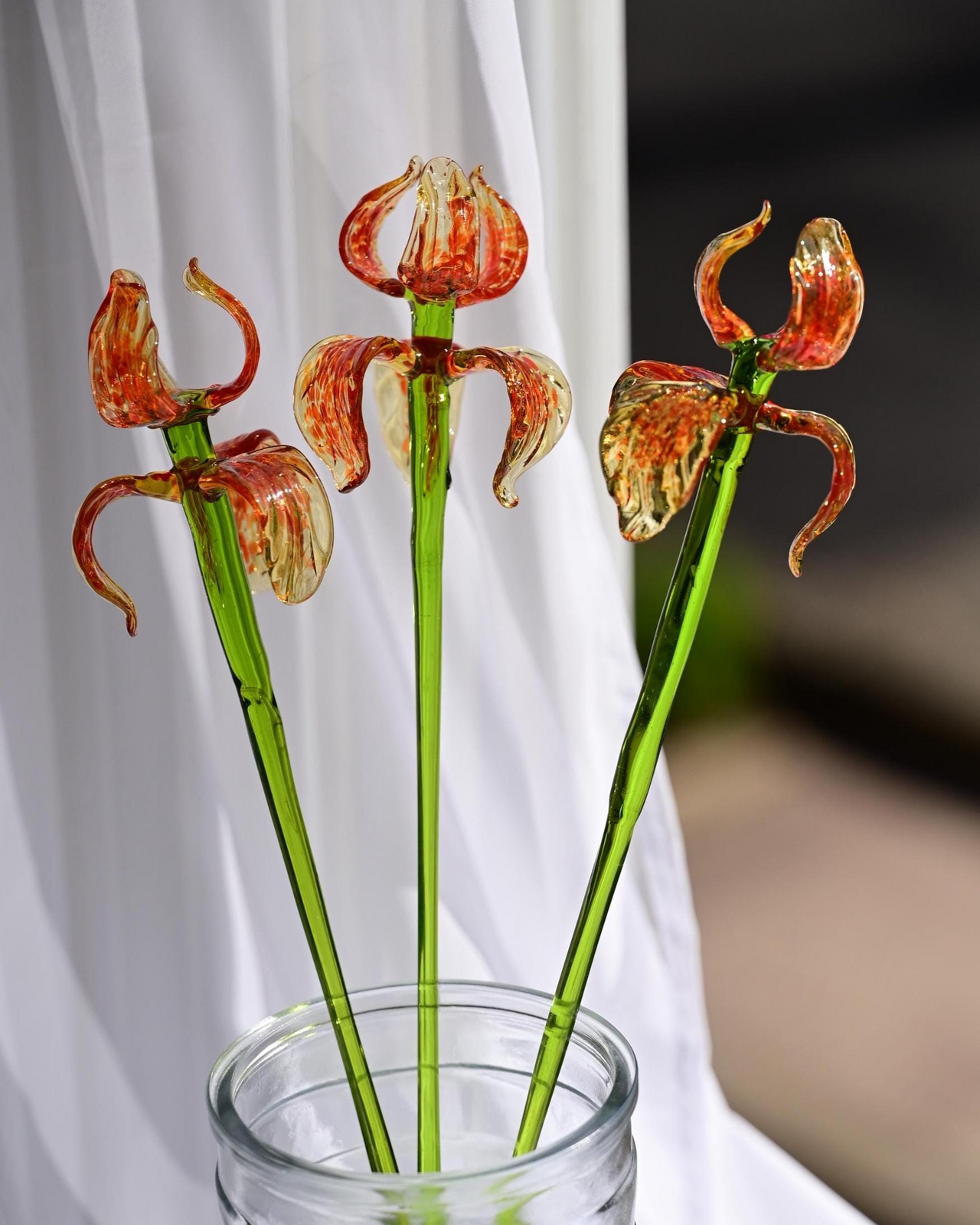 Hand Blown Spotted Orange Glass Iris 17"
