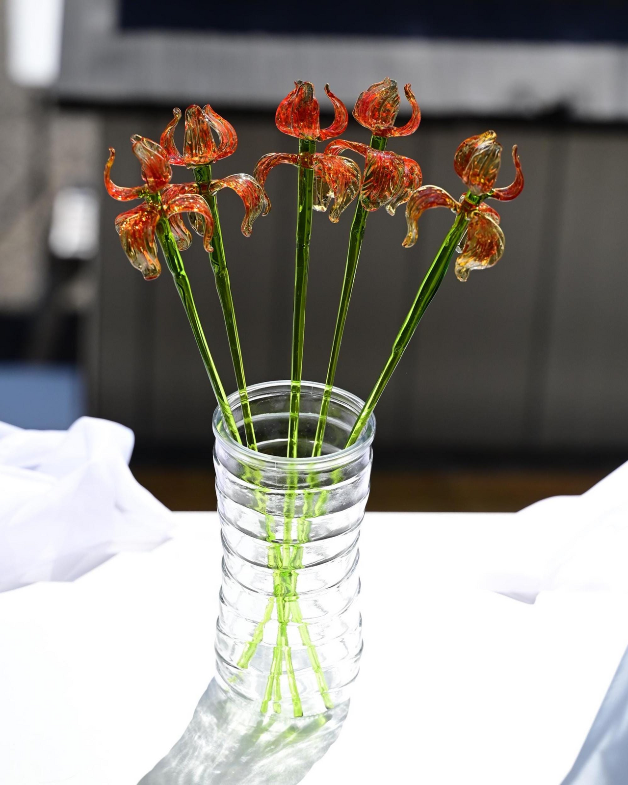 Hand Blown Spotted Orange Glass Iris 17"