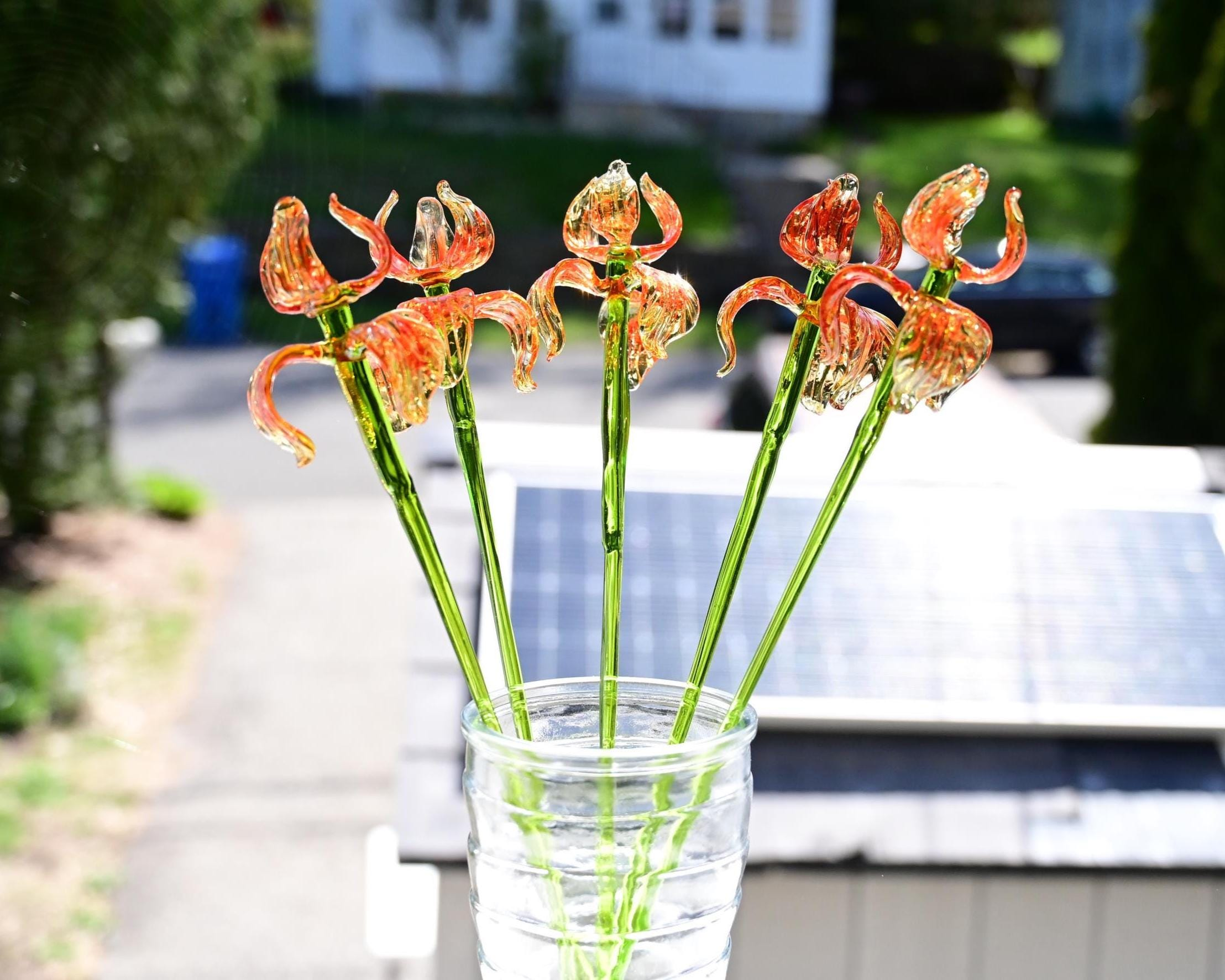 Hand Blown Spotted Orange Glass Iris 17"