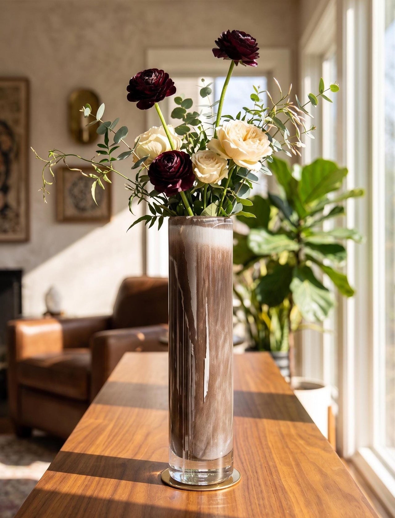 Brown Glass Vase, Glass Cylinder Vase, Heavy Glass Vase, Dark Brown Vase, Hand Blown Glass Vase, Handmade Vase, Birthday Gift for Her