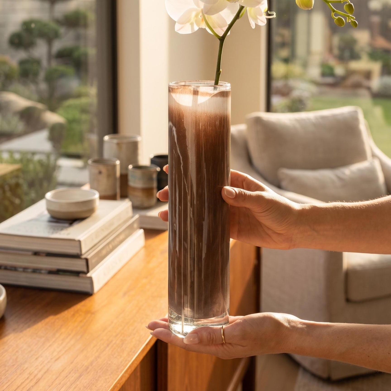 Brown Glass Vase, Glass Cylinder Vase, Heavy Glass Vase, Dark Brown Vase, Hand Blown Glass Vase, Handmade Vase, Birthday Gift for Her