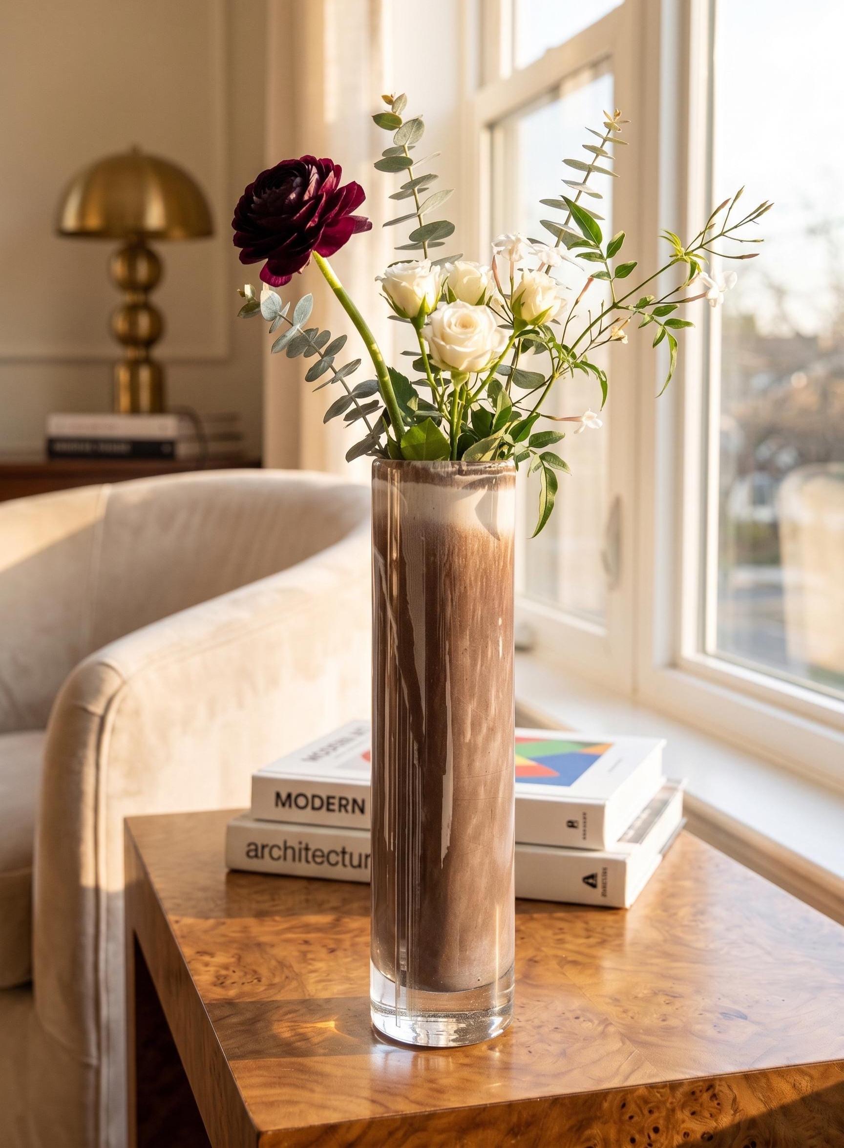 Brown Glass Vase, Glass Cylinder Vase, Heavy Glass Vase, Dark Brown Vase, Hand Blown Glass Vase, Handmade Vase, Birthday Gift for Her