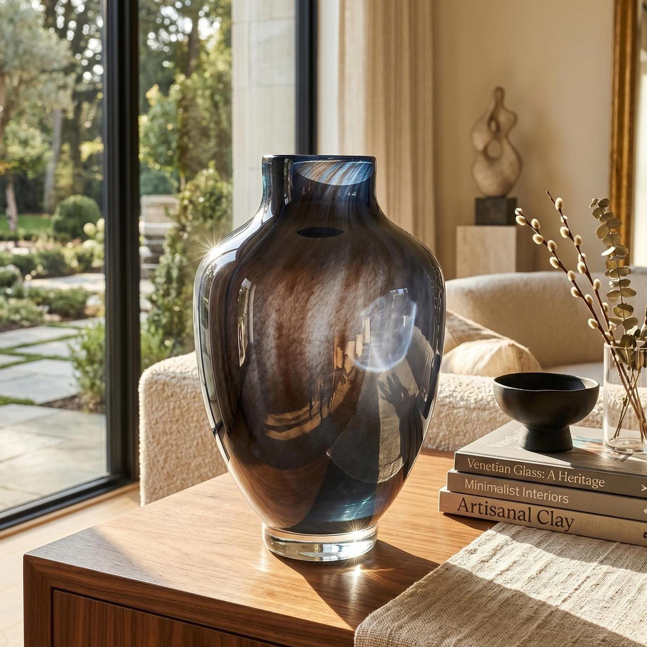 Hand Blown Glass Vase, Blue Glass Vase, Heavy Glass Vase, Large Vase, Large Glass Vases, Black Vase, Blown Glass Vase, Birthday Gift