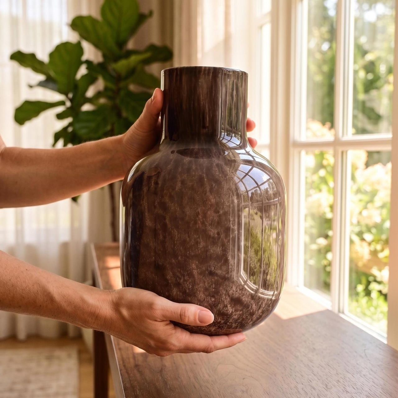 Brown Hand Blown Glass Vase, Blown Glass Art, Large Glass Vase, Handmade Glass Vase, Large Vase For Flowers, Brown Vase, Birthday Gift