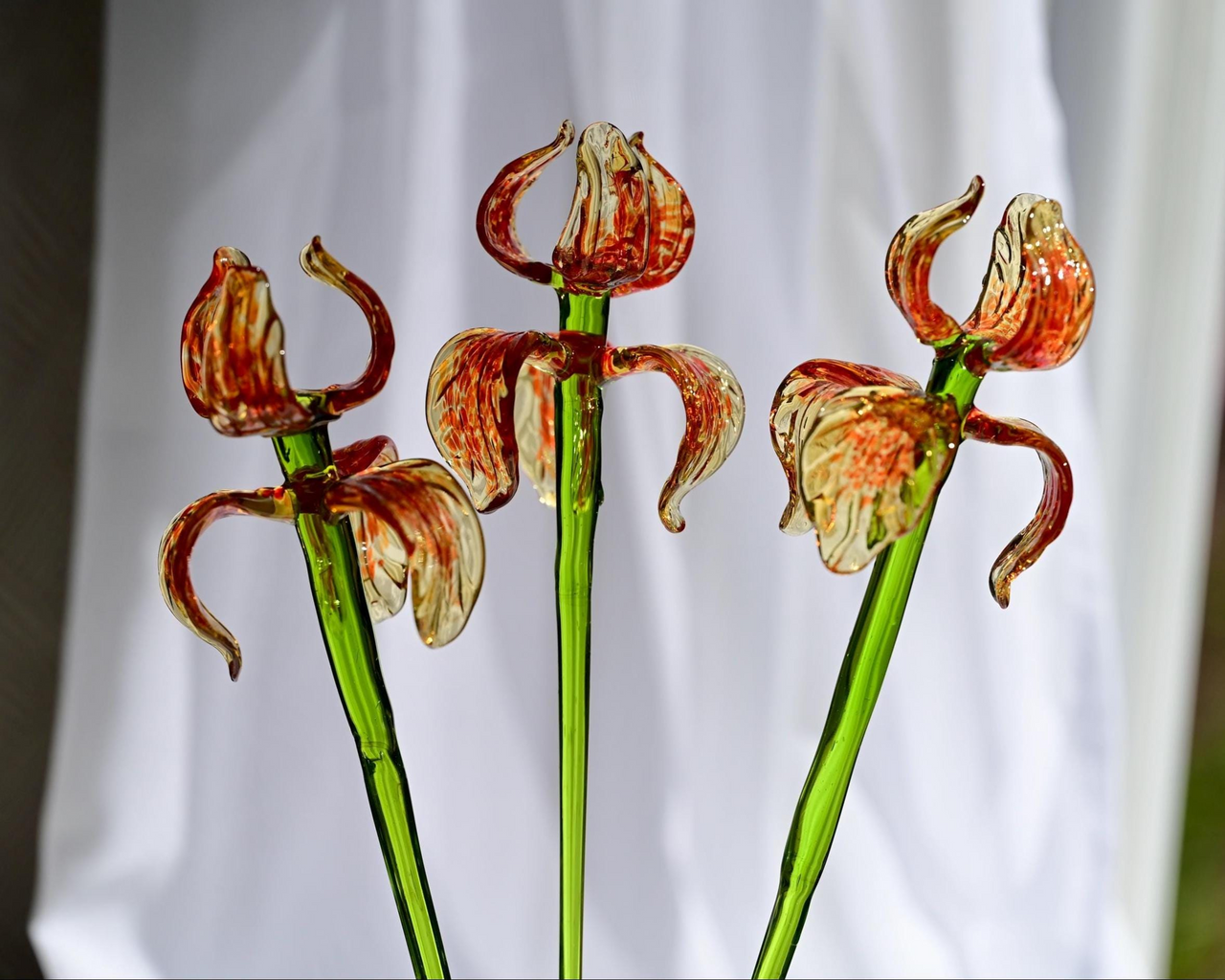 Hand Blown Spotted Orange Glass Iris 17"